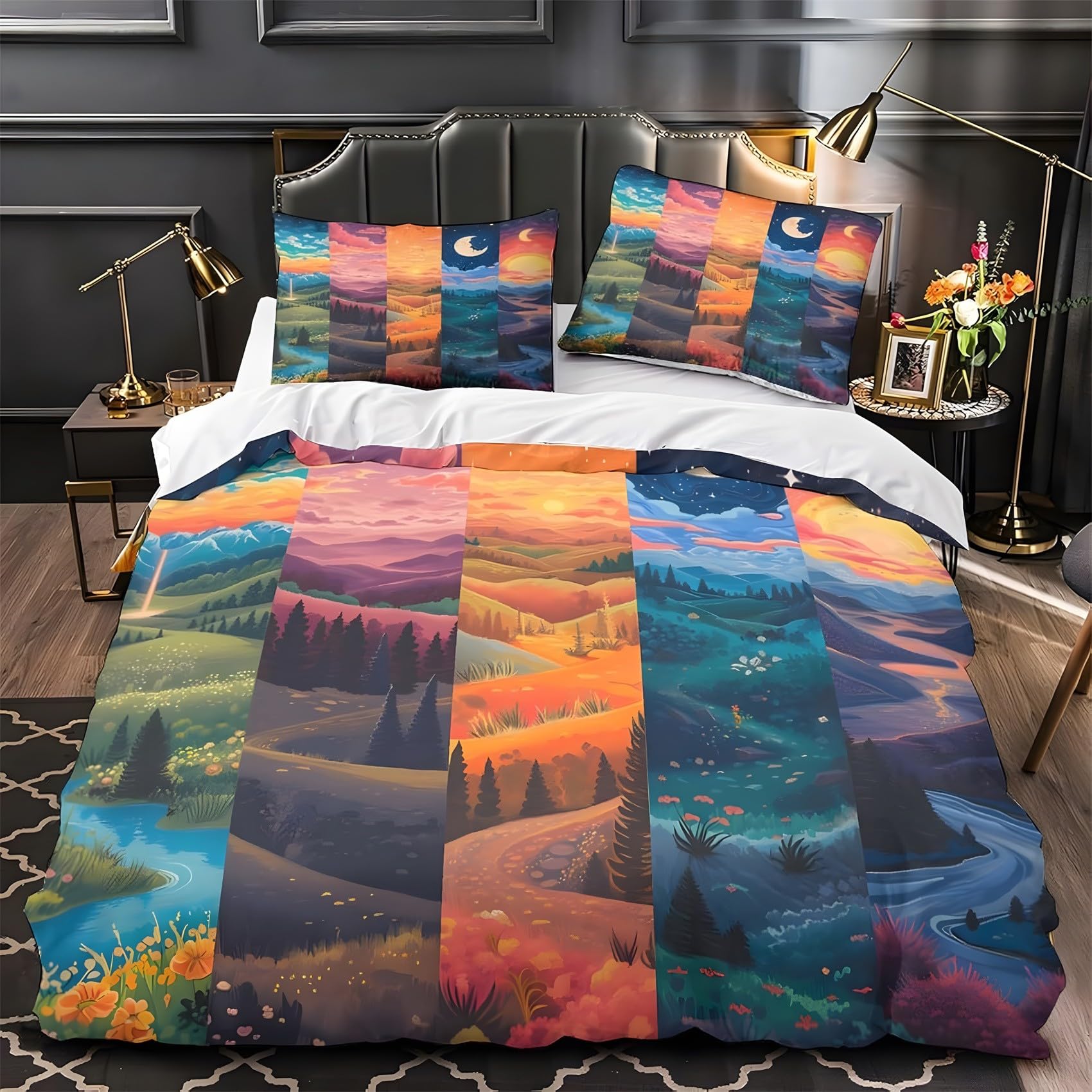 Housse de couette 220x240 paysage zippée anti-glissement pour lit adulte