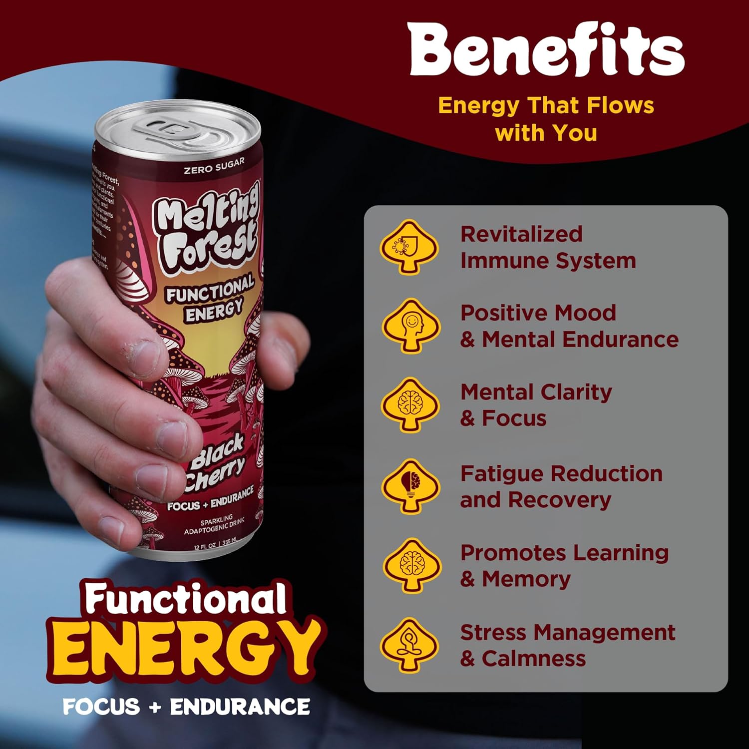 Melting Forest Mushroom Energy Drink, Cordyceps & Lion's Mane, 150mg of Caffeine, Energy & Focus, Cognitive Function & Mental Clarity, Black Cherry (12 Pack)
