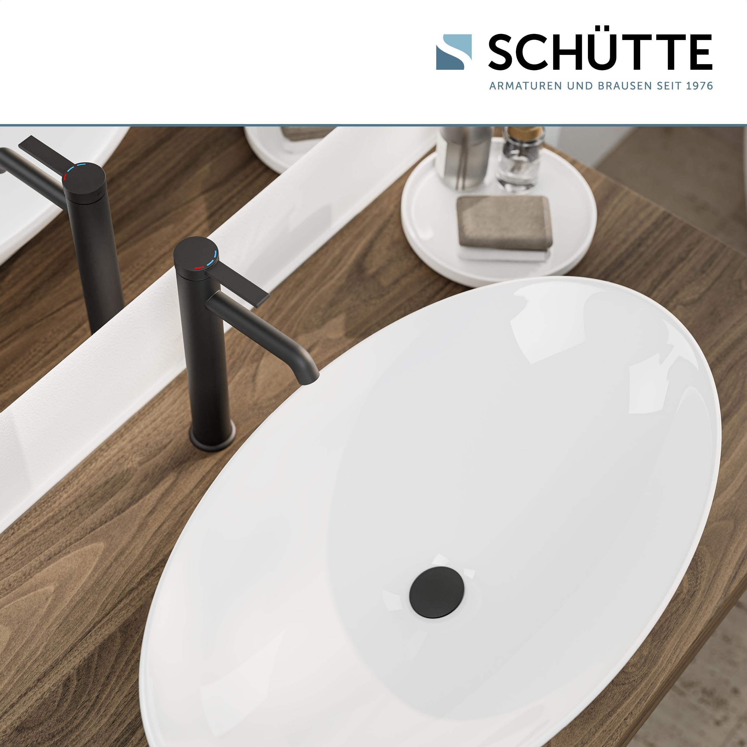 SCHÜTTE Waschtischarmatur für Aufsatzwaschbecken LOS ANGELES 33116, Wasserhahn Bad hoher Auslauf, hohe Armatur Badezimmer, Einhebelmischer Bad Auslauf Höhe 225 mm, Mischbatterie Waschbecken, Schwarz