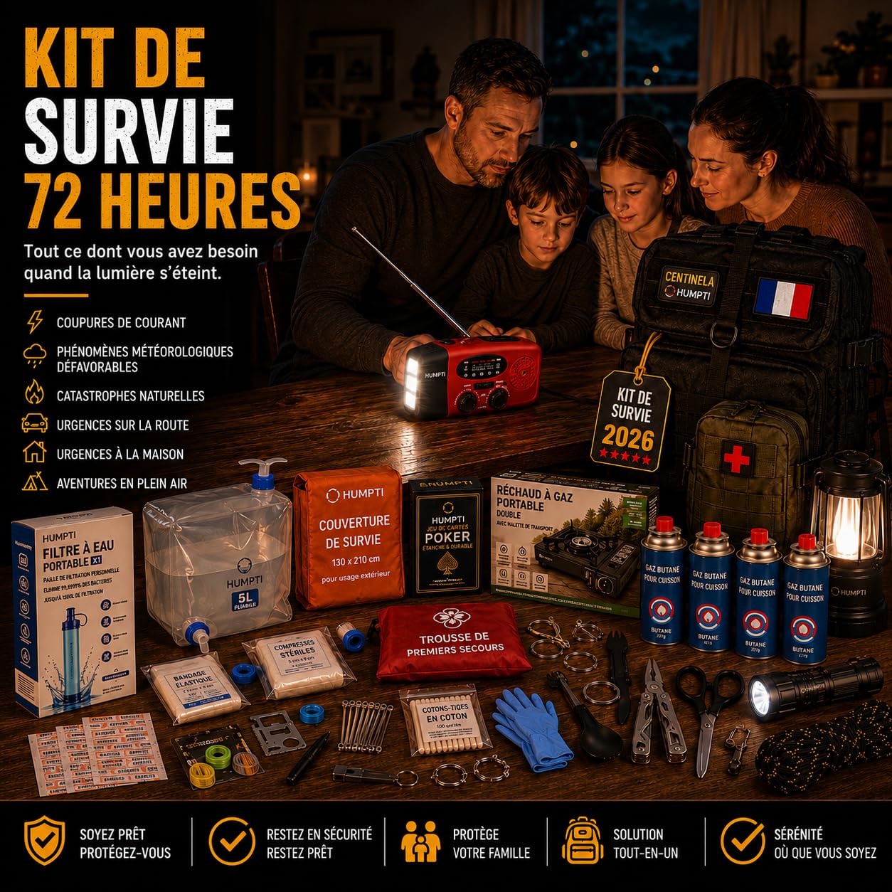 Kit de Survie Complet UE 2026, Sac à Dos de préparation d’Urgence 72 Heures, équipement Essentiel avec Radio Solaire, éclairage, paracorde et Couverture Thermique