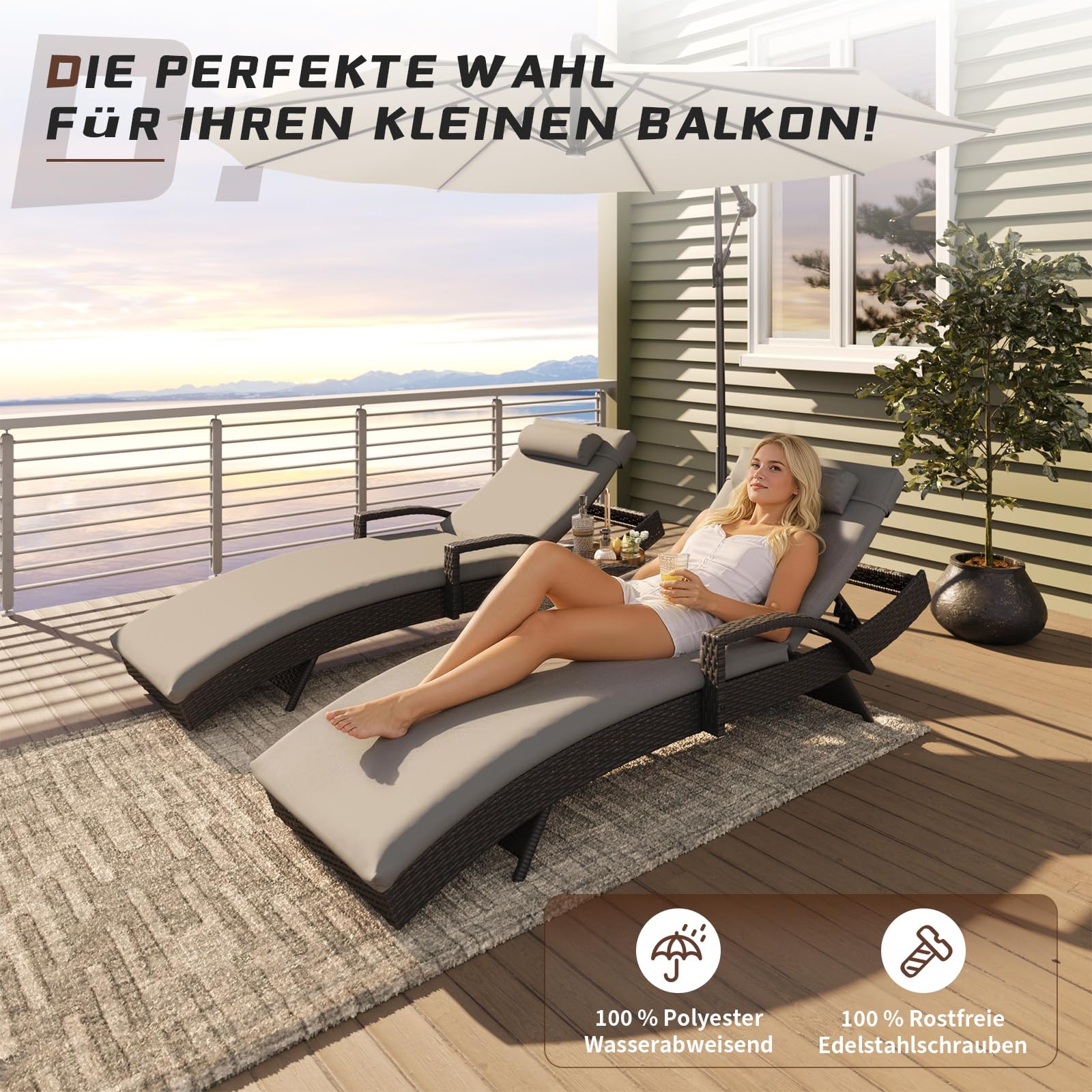 UDPATIO Polyrattan Sonnenliege, 5-Fach Verstellbarer Rückenlehne Gartenliege, Wetterfest Rattanliege mit Polsterauflage & Kopfkissen für Garten, Balkon und Terrasse - Schwarz & Grau Bezüge