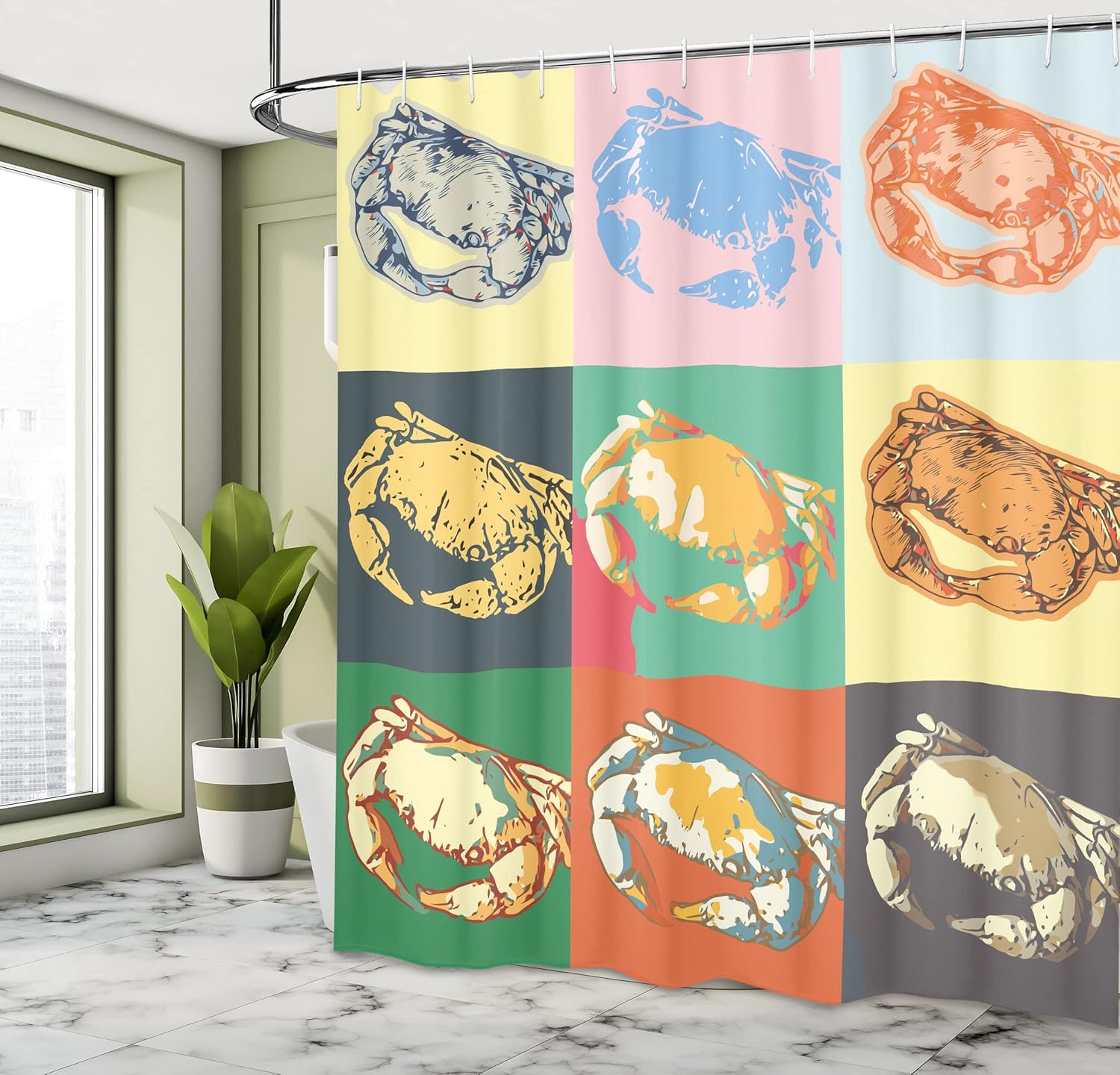 Ambesonne Crabs Shower Curtain, Illustration of Crabs Colorful Design Pop Art Style Retro Design Print, Cloth Fabric Bathroom Decor Set with Hooks, 69" W x 75" L, Pale Yellow and Orange