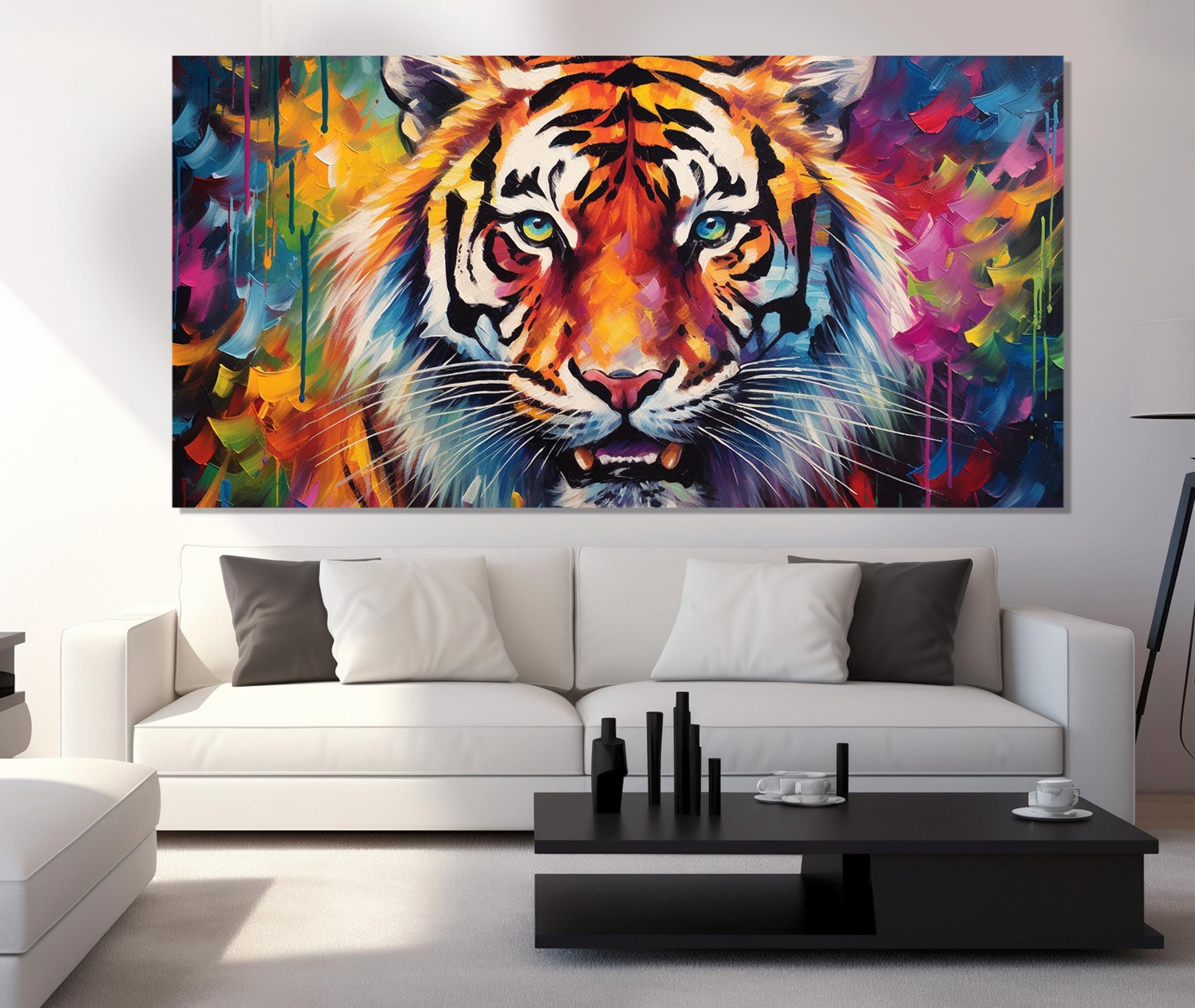 LMYCHENG Kolorowy tygrys obraz zwierząt pop art druk na płótnie sztuka ścienna tygrys abstrakcyjny plakat do salonu dekoracja domu (55 x 110 cm/rama wewnętrzna)
