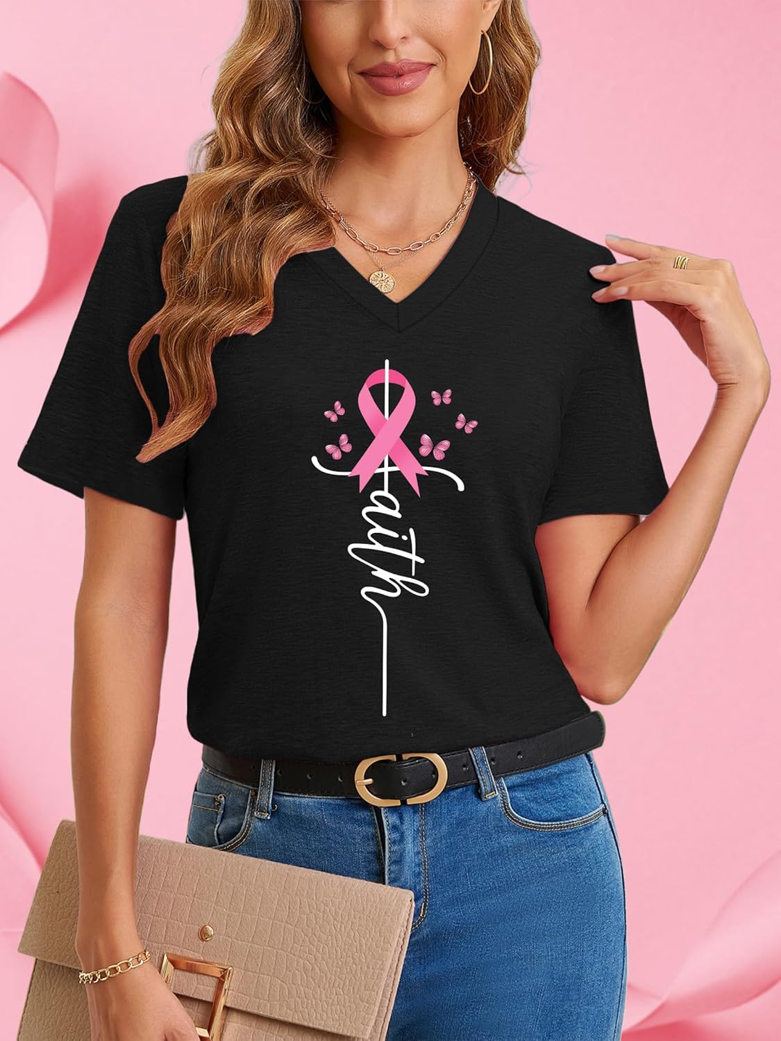 PECHAR Breast Cancer Shirts for Women: Pink Ribbon Breast Cancer Awareness T-Shirts Faith Inspirational Vneck Blouse Tops - Image 3