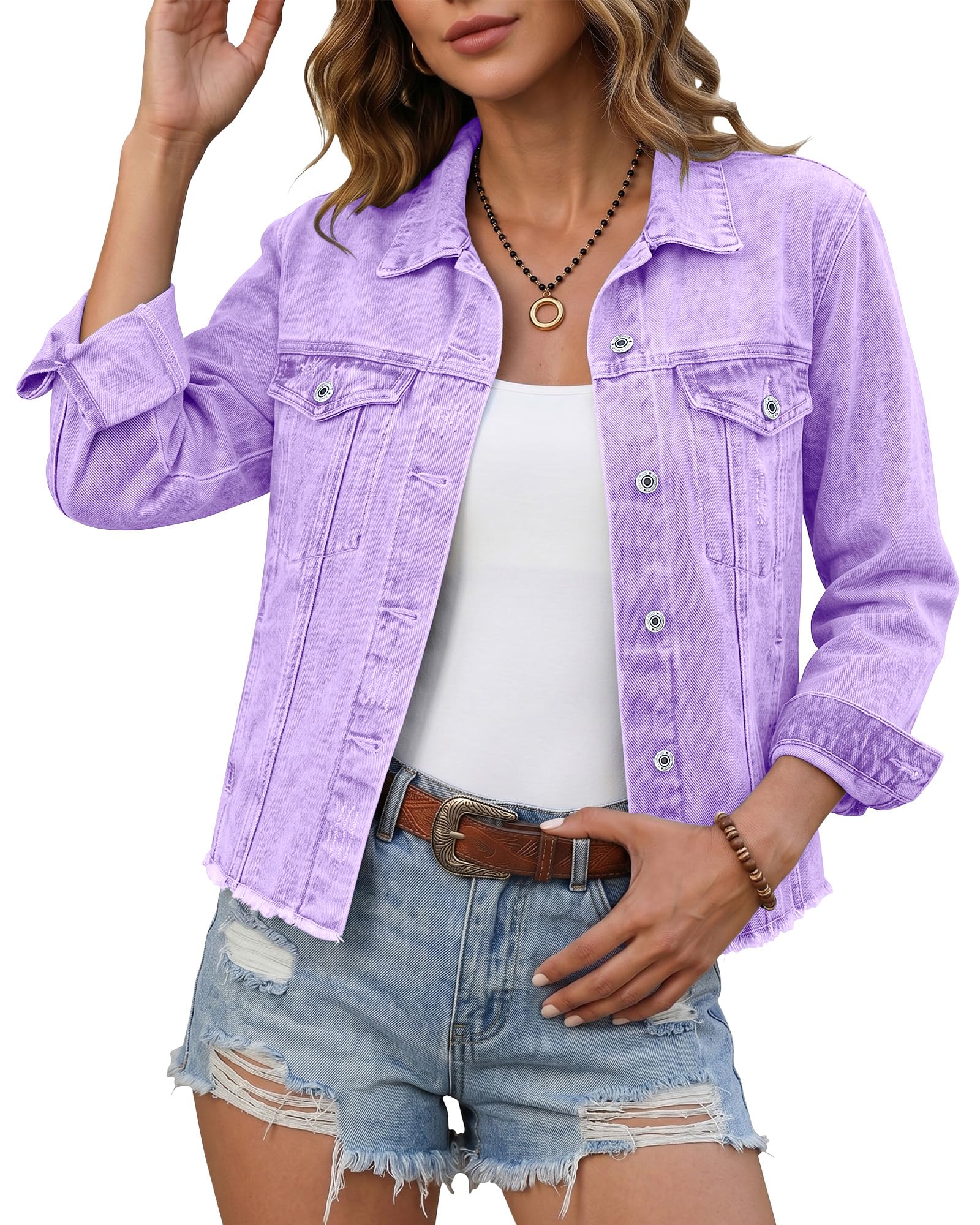 luvamia Denim Jacket for Women Distressed Jean Jackets Button Up Vintage Western Trucker Jacket Frayed Hem Pockets