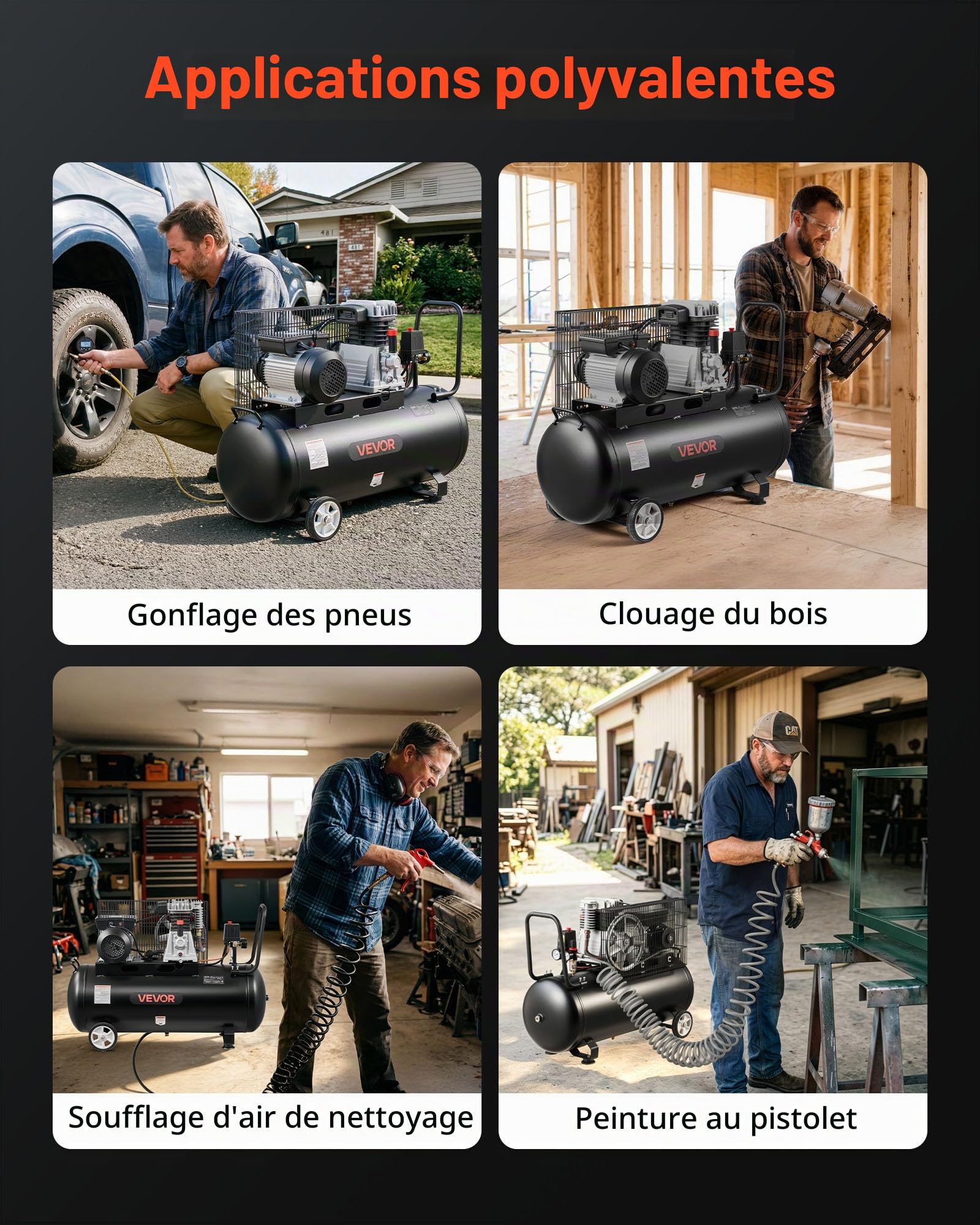 VEVOR Compresseur à Air 100 L Réservoir Compresseur d'Air à Courroie 3 kW pour Réparation Automobile, Gonflage Pneus, Peinture Pistolet, Clouage Bois, 226 L/min à 6,2 bar, Max. 10 bar, Portatif Mobile