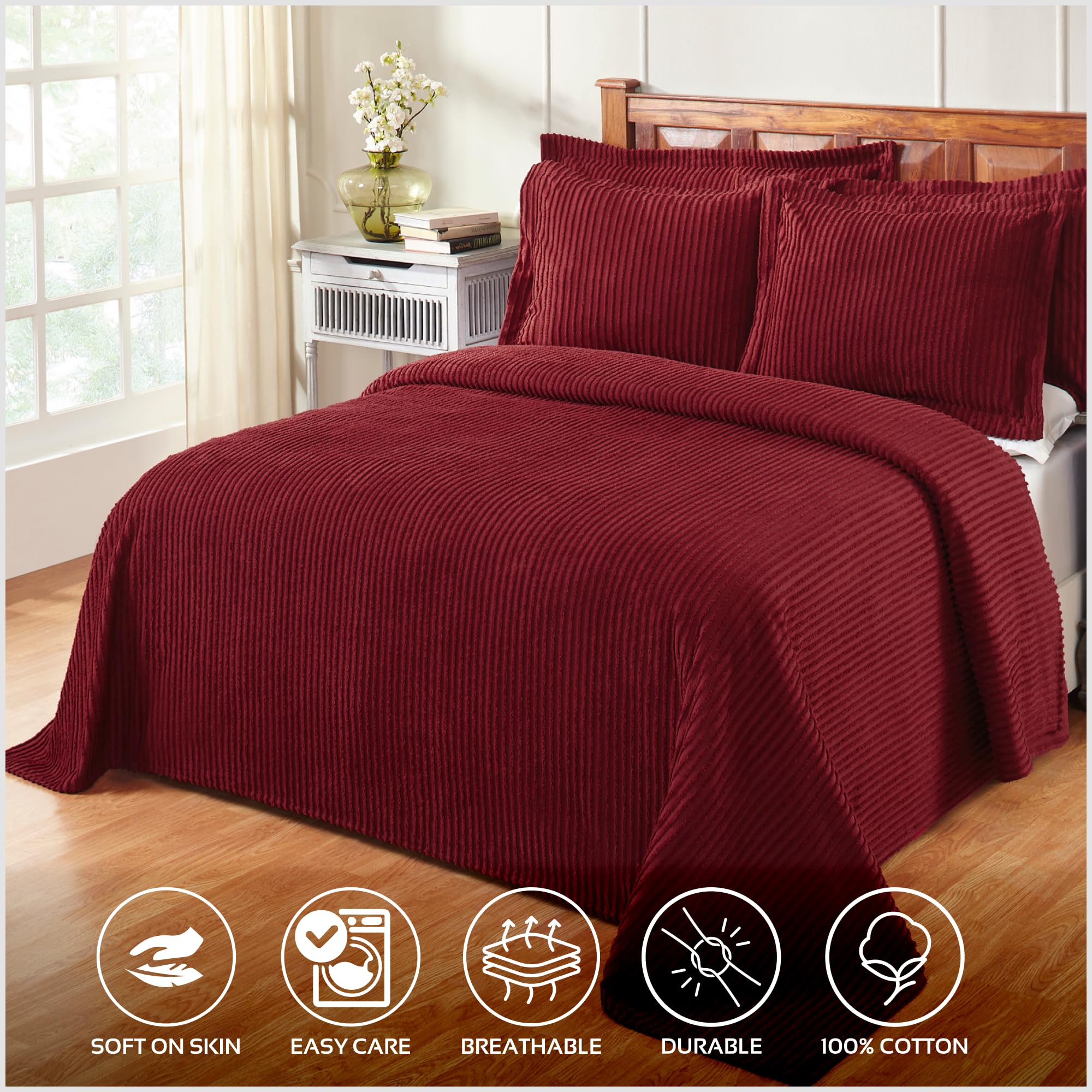 Better Trends Colcha tamaño matrimonial/Doble, 100% algodón copetudo, Colcha clásica a Rayas, Ropa de Cama Suave y acogedora para Todas Las Estaciones, Lavable a máquina, colección Jullian