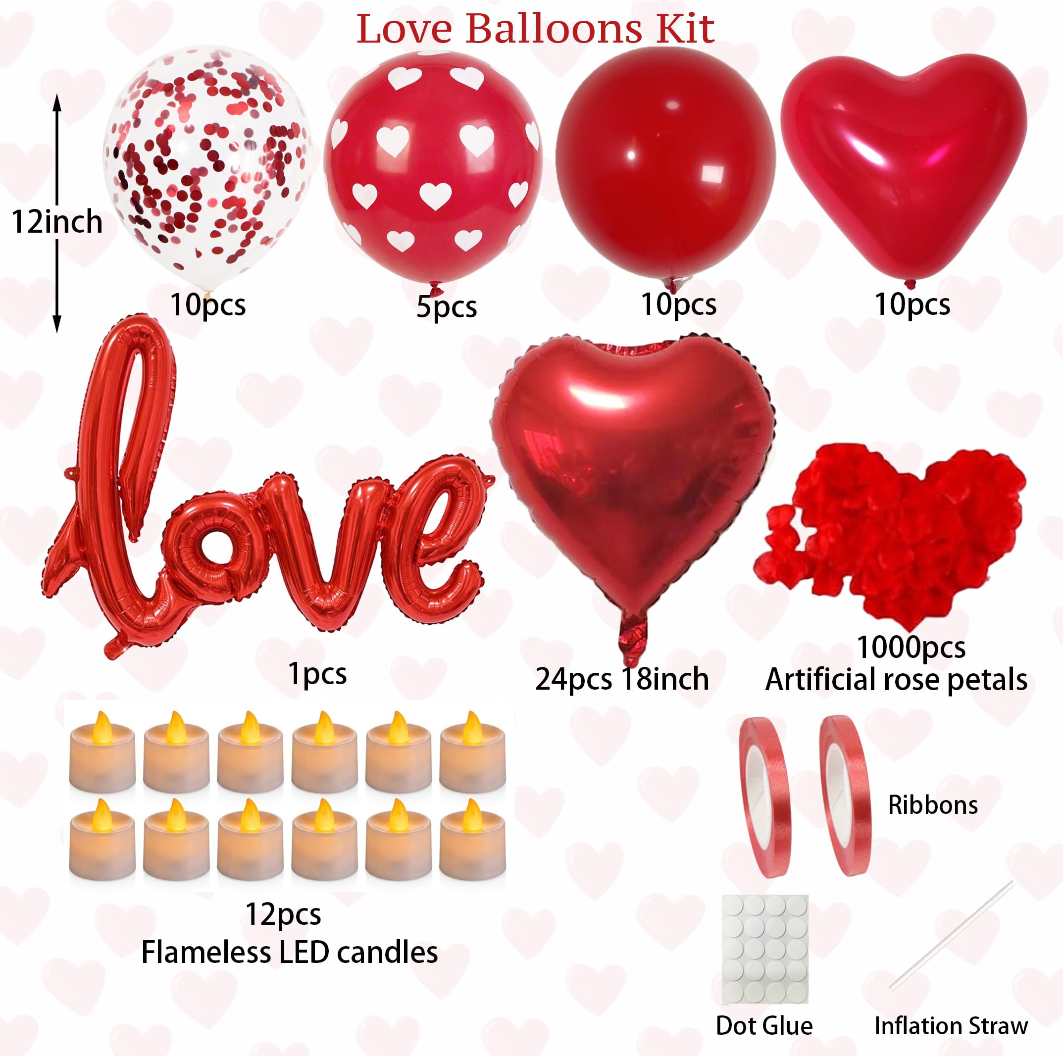 Decoraciones rojas para el día de San Valentín con velas LED de té
