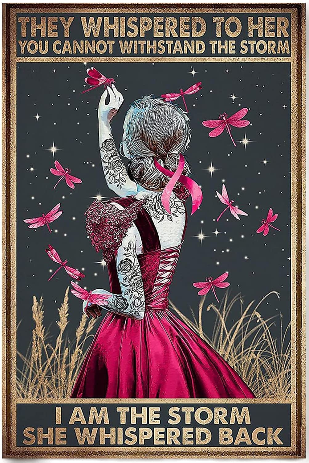 Vintage Metal Tin Sign Hippie Girl Dragonfly They Whisper Her You Can't Take The Storm 5.5x8inch Decorative Poster Board Funny Wall Decor Garden Man Cave Beer Home