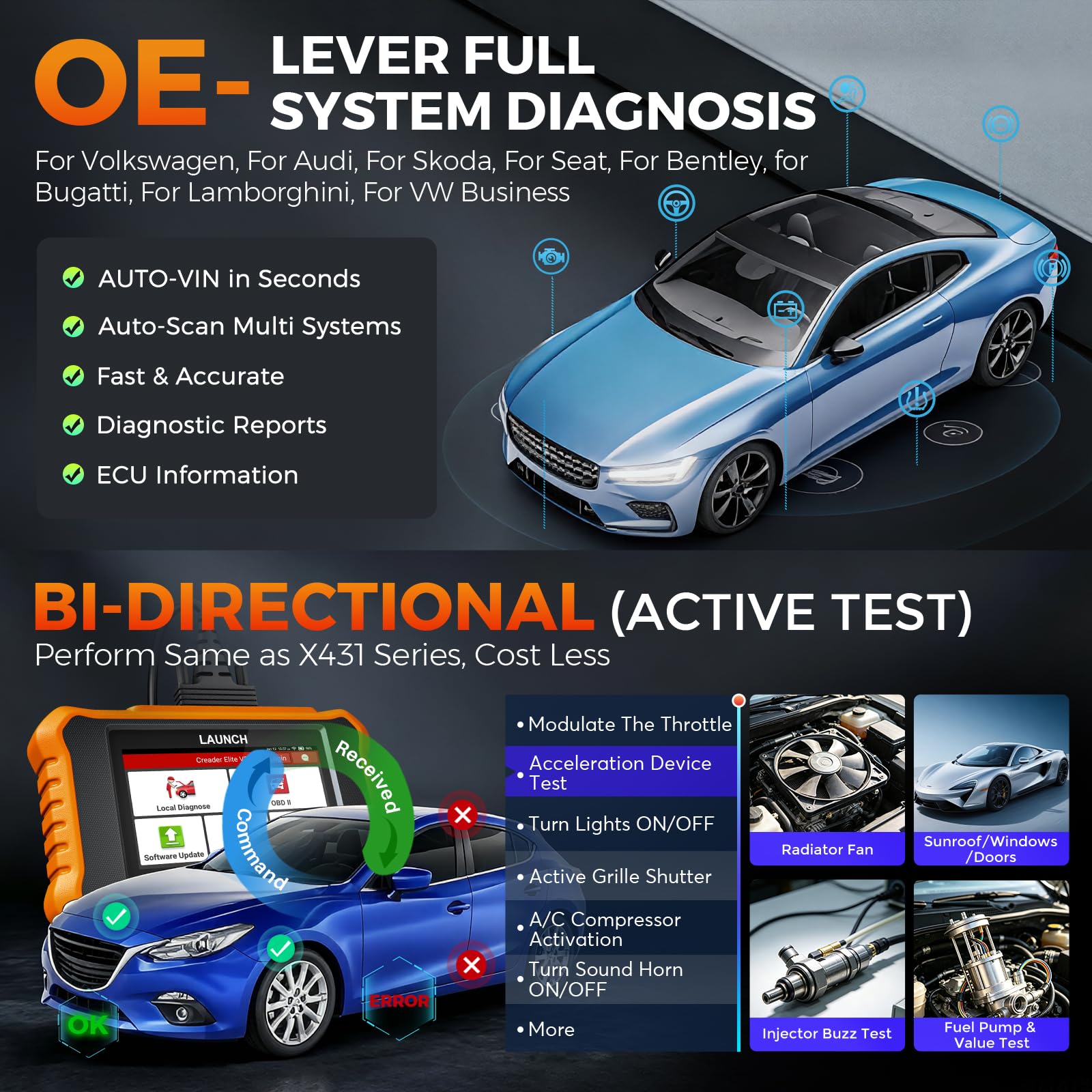 LAUNCH X431 Elite V3.0 OBD2 Diagnosi Auto di Tutti i Sistemi per Audi per V A G con 50+ funzione di reset, Controllo Bidirezionale Codifica ECU Online TPMS EPB DPF Aggiornamento a Vita
