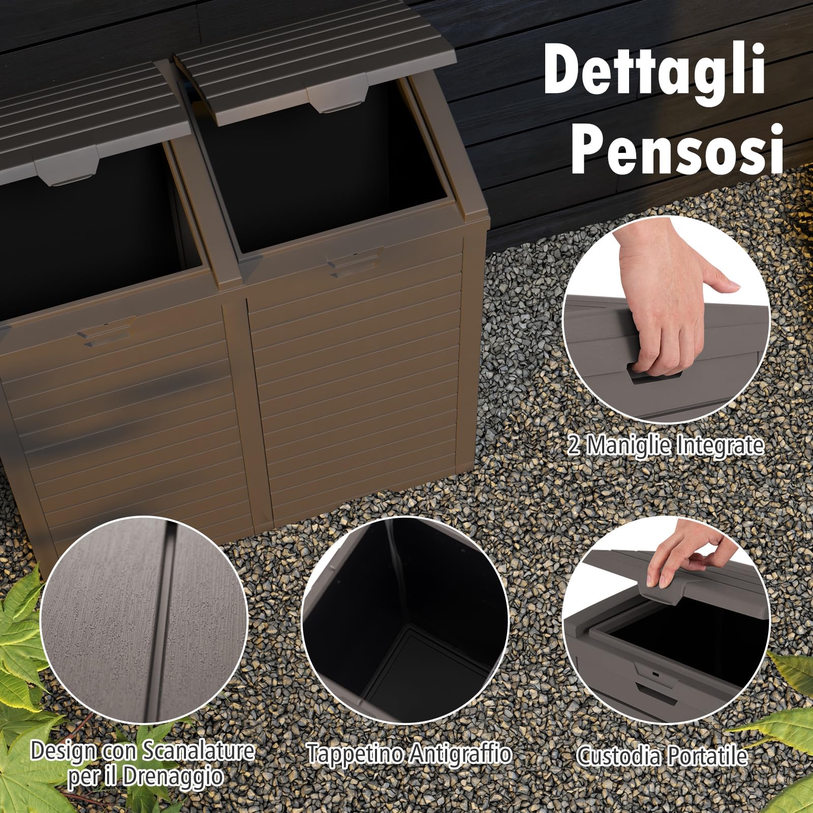 RELAX4LIFE Pattumiera Differenziata Esterno per Giardino a 1 o 2 Scomparti, con Vassoio per Liquidi, Coperchio e Maniglia,in Resina Resist. Intemperie(1, MARRONE, 235L)