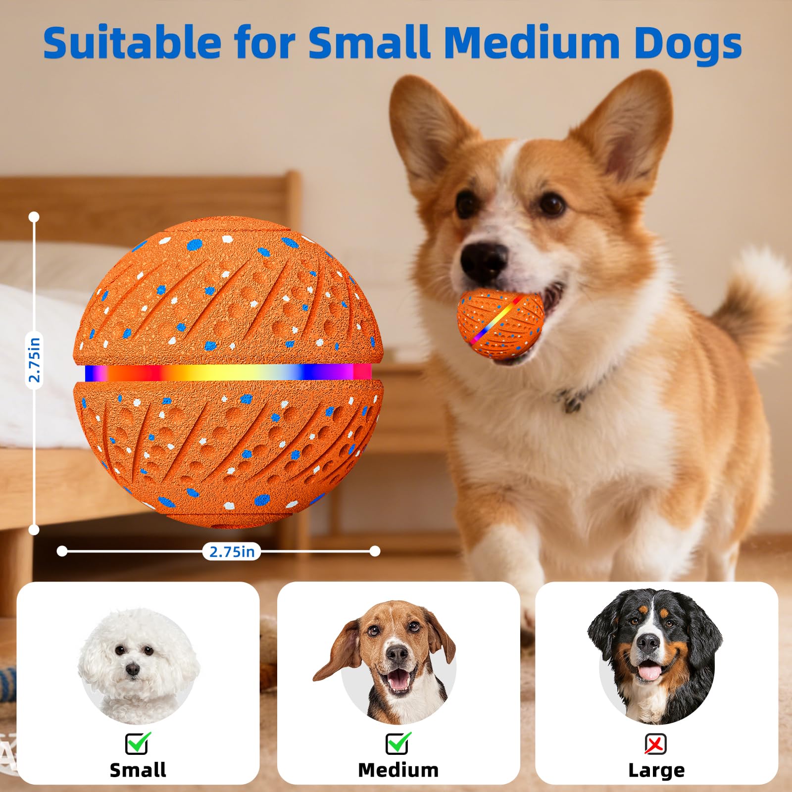 Pelota Interactiva Inteligente con Luces LED para Perros – 3 Modos de Juego Automáticos, Impermeable y de Carga Rápida – Goma Natural Material Suave y Seguro para Perros Pequeños/Medianos