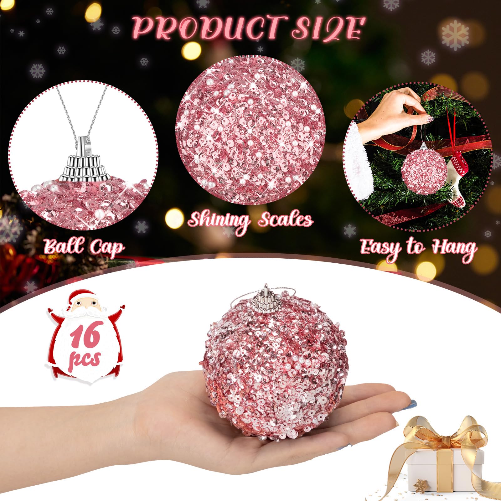 Liliful Lot de 16 boules de Noël à paillettes de 8 cm - Grandes boules de Noël à suspendre pour sapin de Noël, mariage, maison, table, fête, décoration de vacances (or rose)