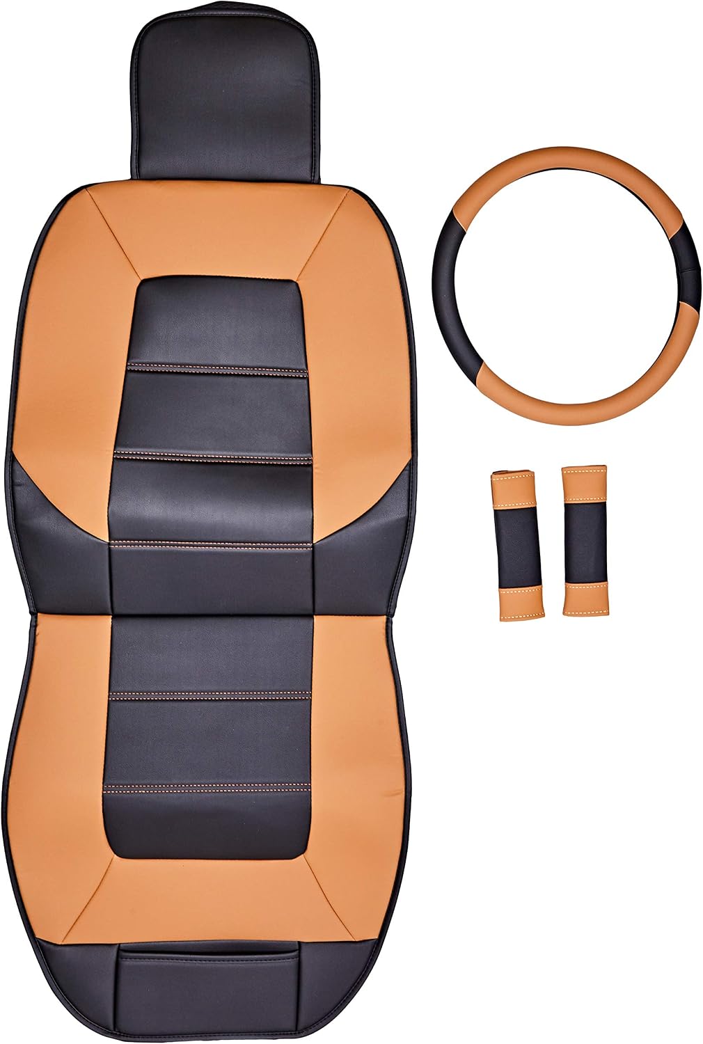 Amazon Basics Deluxe Sideless Universal Fit Leatherette Seat Cover Set with Wheel Cover and Seatbelt Pads, Black and Brown