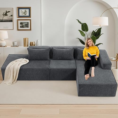 129" Modular Sectional Sofa, L-Shaped Cloud Couch with Extra Long Chaise Lounge, Oversized Chenille Boneless Sofa Set for Living Room, Comfy Floor Seating, No Assembly Required