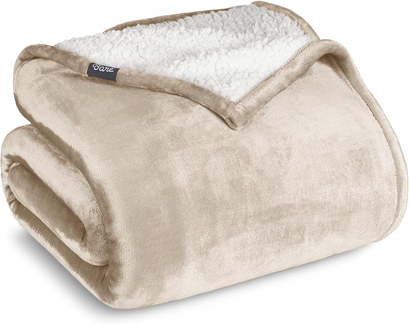 Bare Home Sherpa Fleece Blanket (Throw, Oyster) | Reversible Blanket for Bed, Sofa, and Couch, Warm & Lightweight, Fluffy & Soft