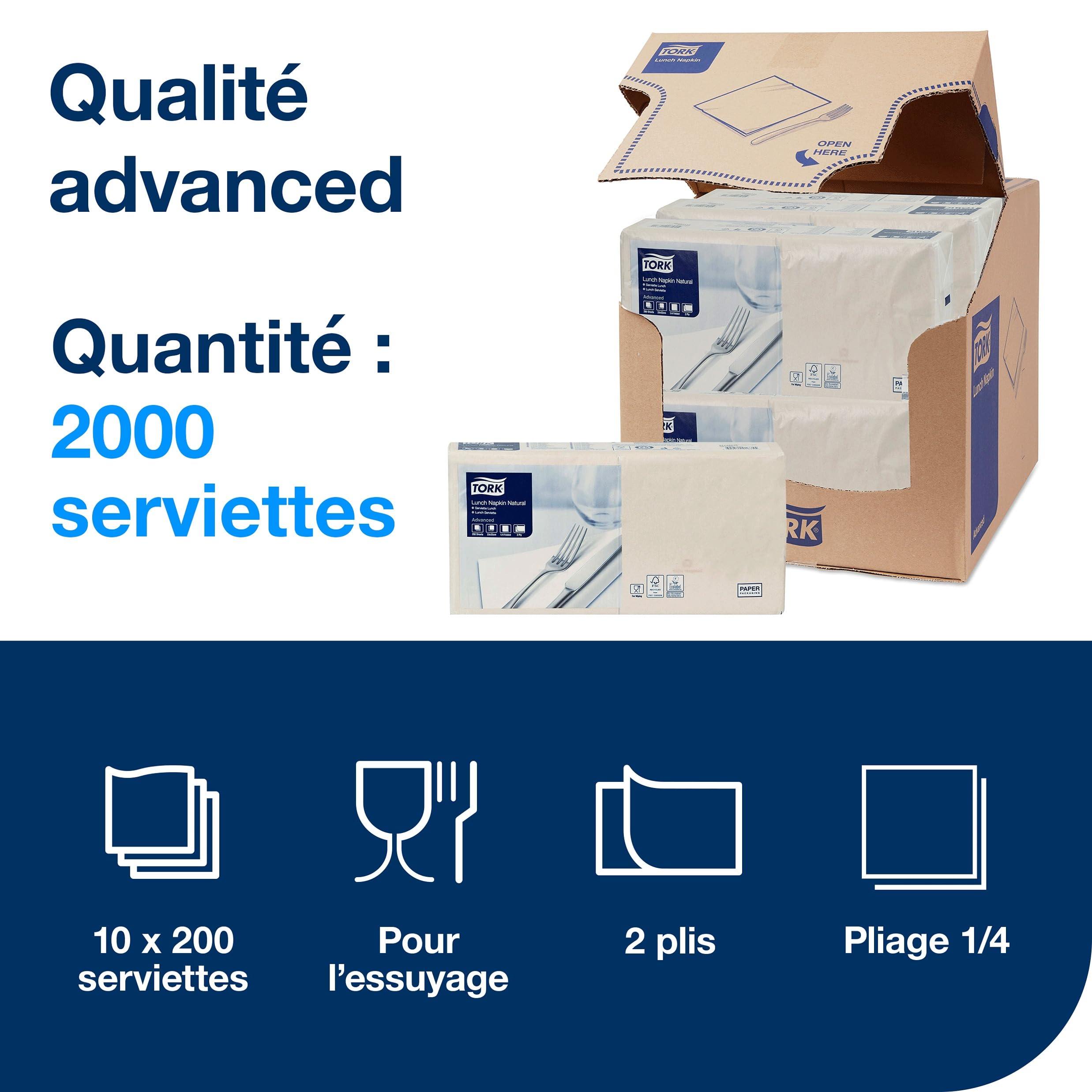Tork Serviette Lunch naturel, 477350, 10 x 200 serviettes | pliage 1/4, 2 plis, 33 cm x 33 cm