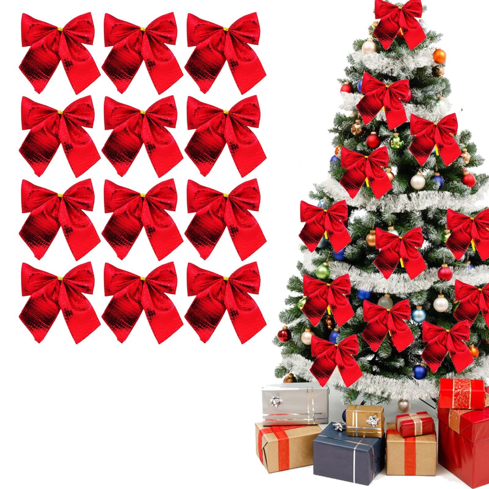 Mini Christmas Tree Bow Decorations, 12 Pack Small Glossy Christmas Bows, 5.5 cm Xmas Tree Hanging Ornaments (Red)