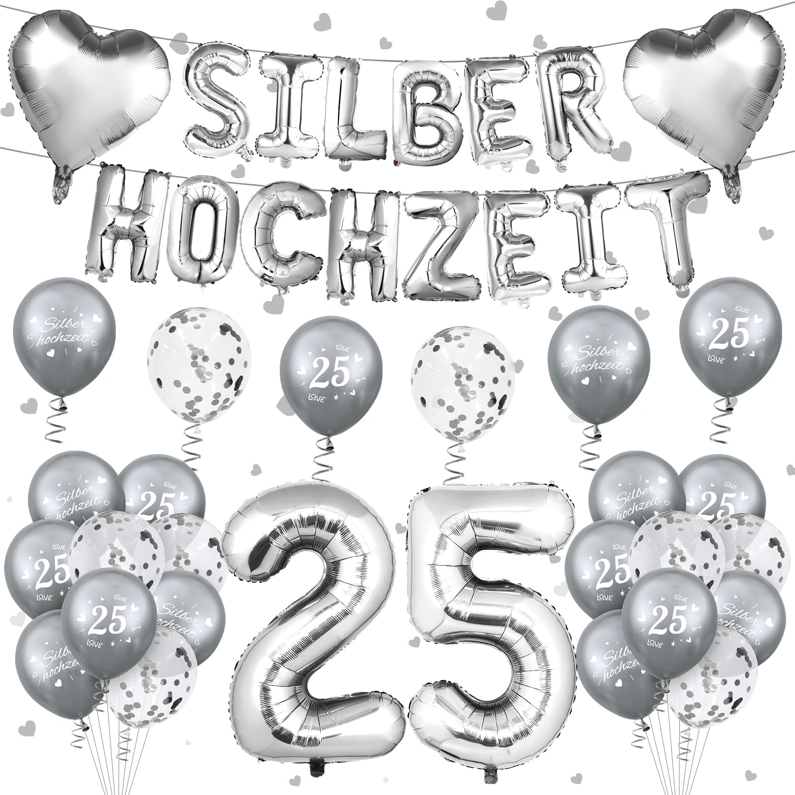 Globos de plata para decoración de bodas de plata, 25 números, globos de aniversario de boda, decoración de bodas de plata, 24 unidades, 25 bodas, aniversario de boda, globos de confeti para