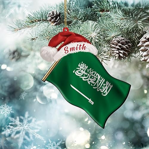 Miniatura 8 de CowkissSign Adornos acrílicos de Arabia Saudita para decoraciones de Navidad, bandera de Arabia Saudita con sombrero de Santa personalizado, adornos