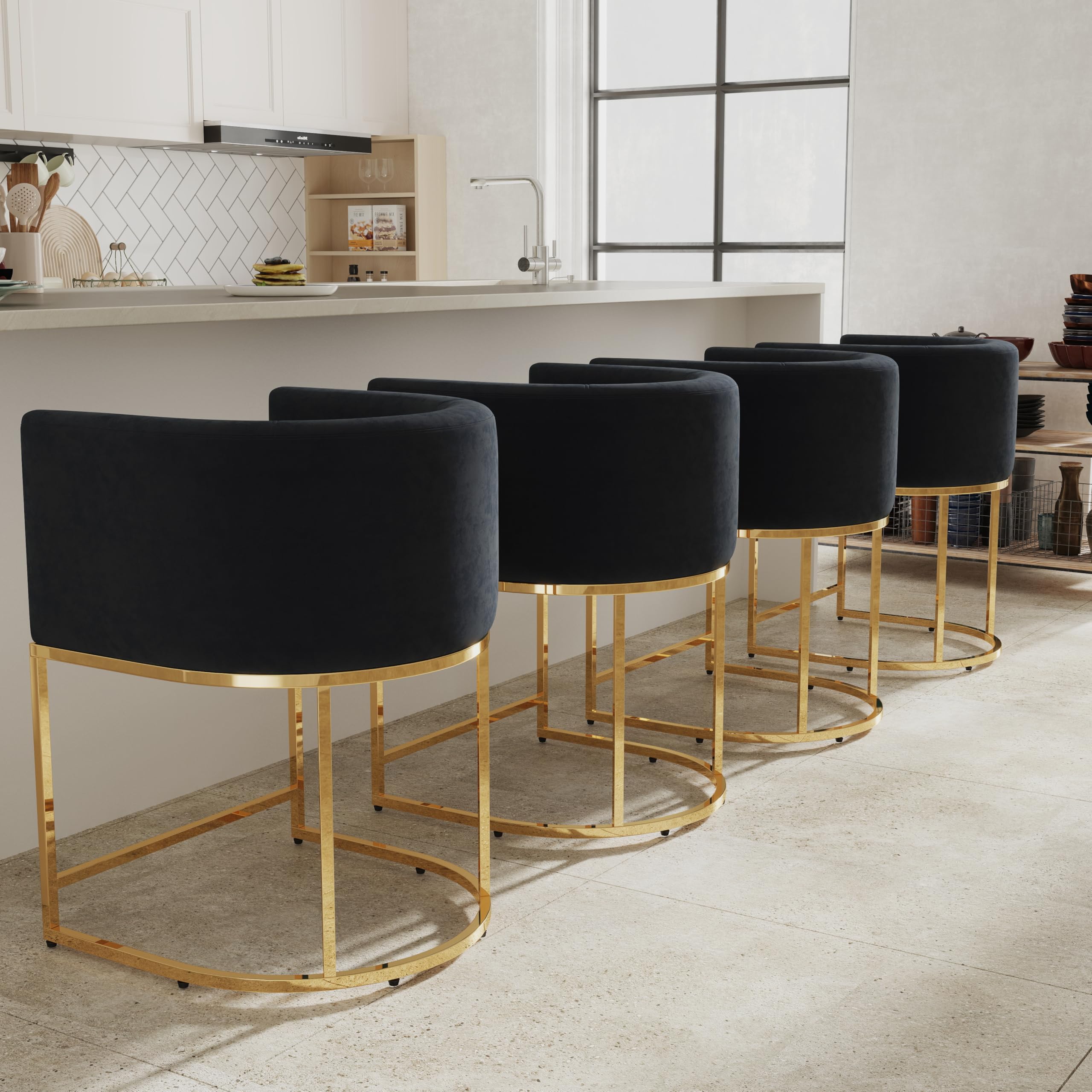 RIVOVA Contemporary Black Velvet Bar Stools Set of 4, 24" Upholstered Fabric Counter Height Barstools Kitchen Counter Island Stools with Screwed