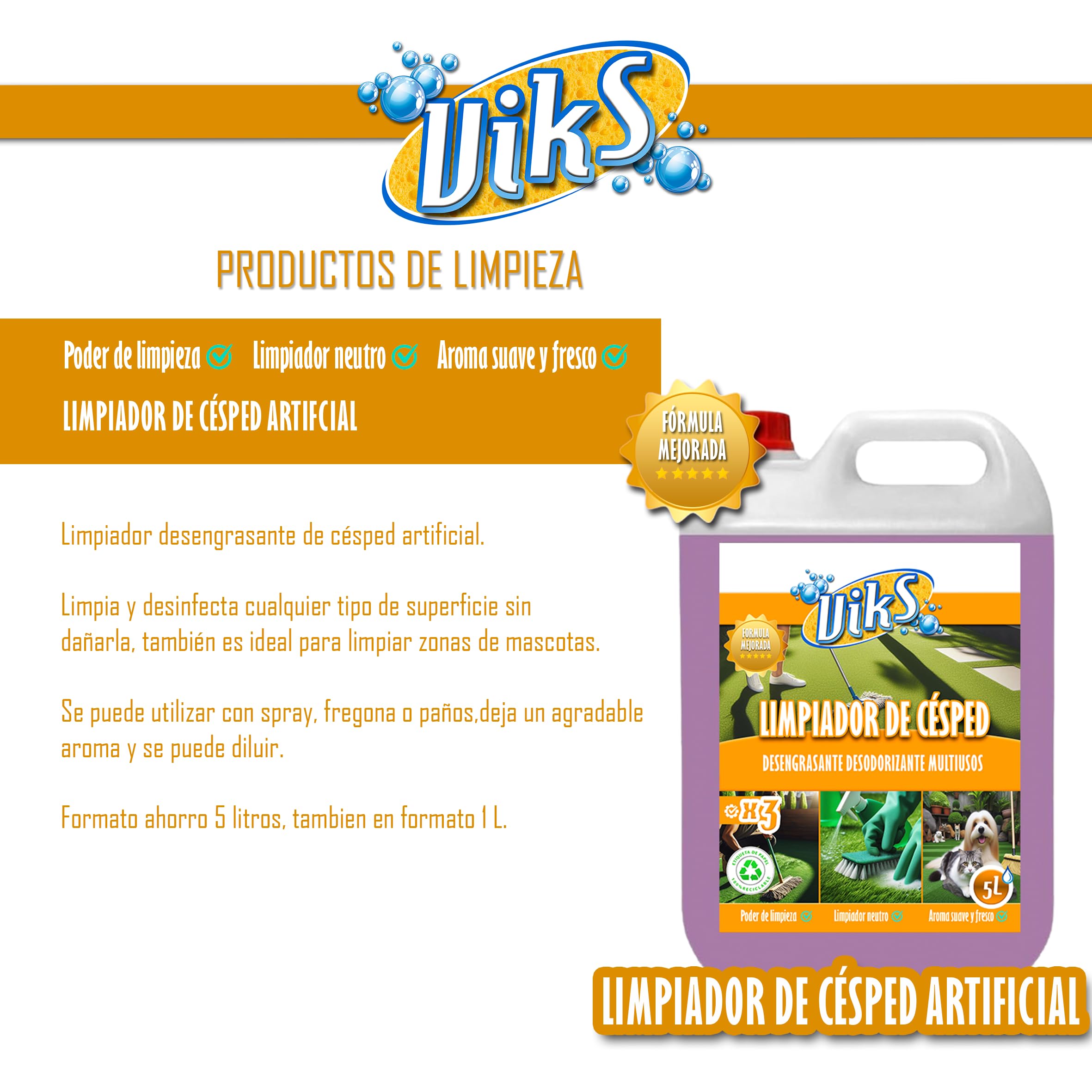 Viks | Nettoyeur de gazon artificiel et de haies | Traitement désodorisant | Nettoie le gazon artificiel, dégraisse et parfume | Ménage les surfaces | 5 litres