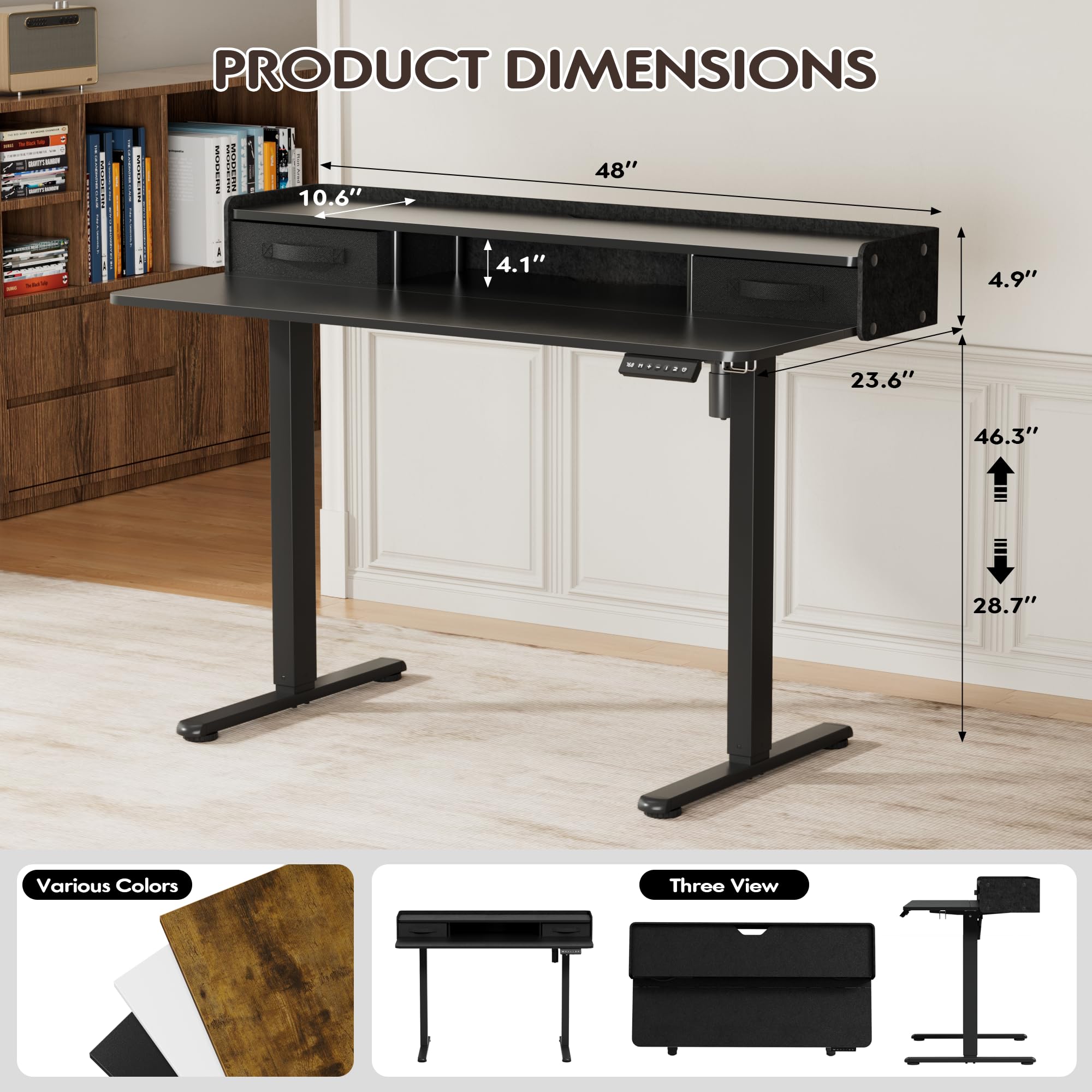 Furmax Electric Standing Desk with Two Drawers Ergonomic Stand Up Desk with Storage Shelf Height Adjustable Computer Standing — view 3