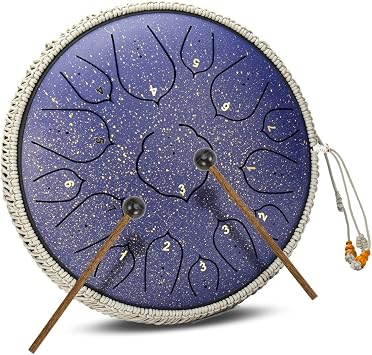 Steel Tongue Drum- ChunFeng 14 Inch 15 Notes -Steel Drums For Adults-Hand Pan Drums With Music Book,Handpan Tongue Drum Mallets and Carry Bag,Lotus D MajorBlue