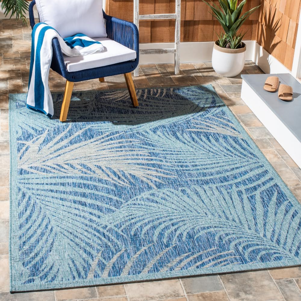 SAFAVIEH Courtyard Collection Accent Rug - 4' x 5'7", Aqua & Navy, Non-Shedding & Easy Care, Indoor/Outdoor & Washable-Ideal for Patio, Backyard, Mudroom (CY7557-39421)