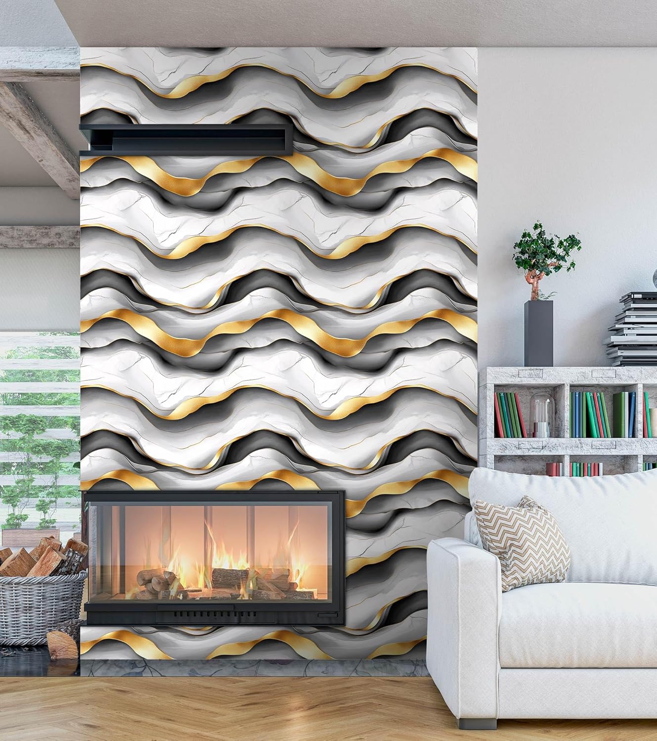 Luxury Wave Marble Wallpaper – Modern Abstract Peel and Stick Wallpaper, Self-Adhesive Vinyl with 3D Gold and Gray Swirl Design for Living Room, Office, or Accent Wall, 17.7in x 118in