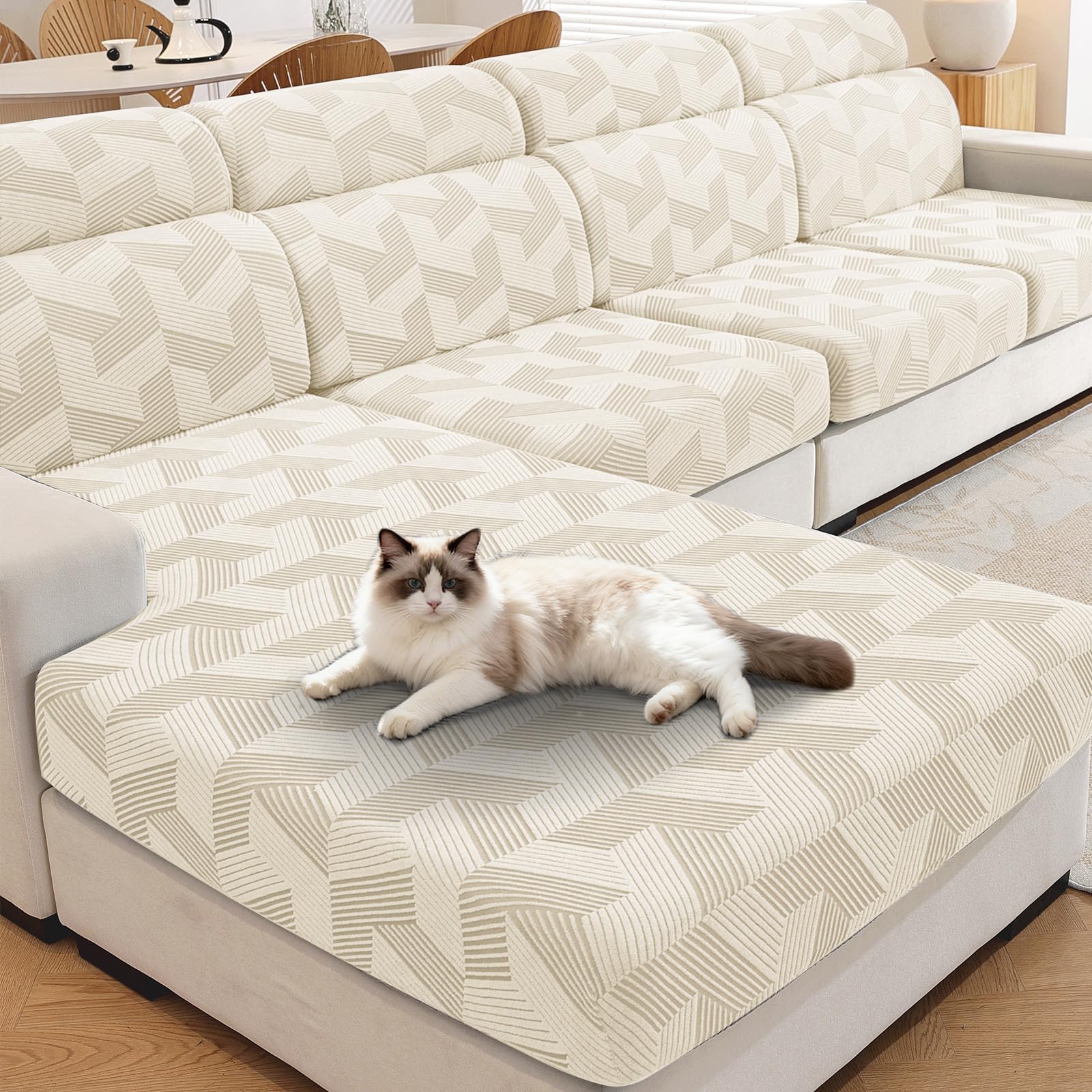 XINEAGE Sofa Seat Cushion Cover, Geometrical Jacquard Couch Cushion Slipcovers Stretch, Replacement for Individual Cushion with Elastic Bottom & Non-Slip Strap (1 Seater*3, Beige)