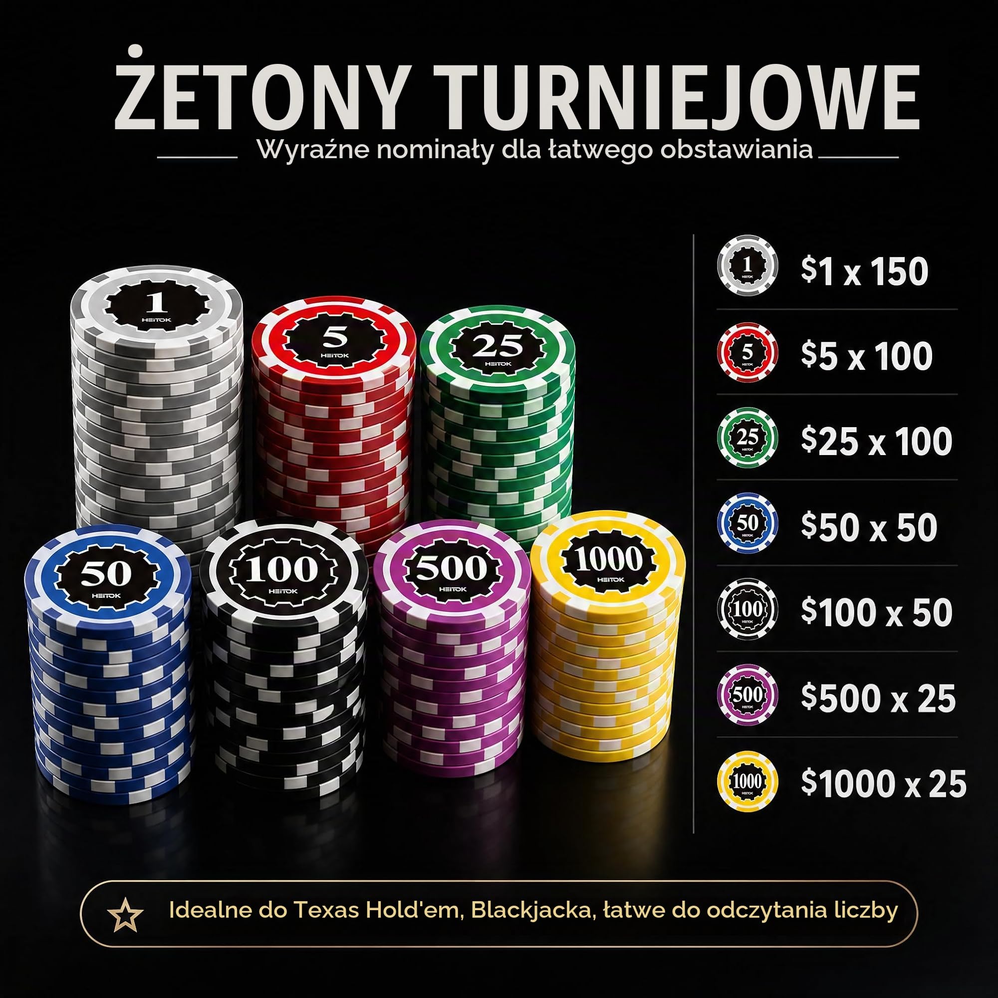HEITOK Zestaw Pokerowy 500 Żetonów 11,5g Nominały Texas Holdem