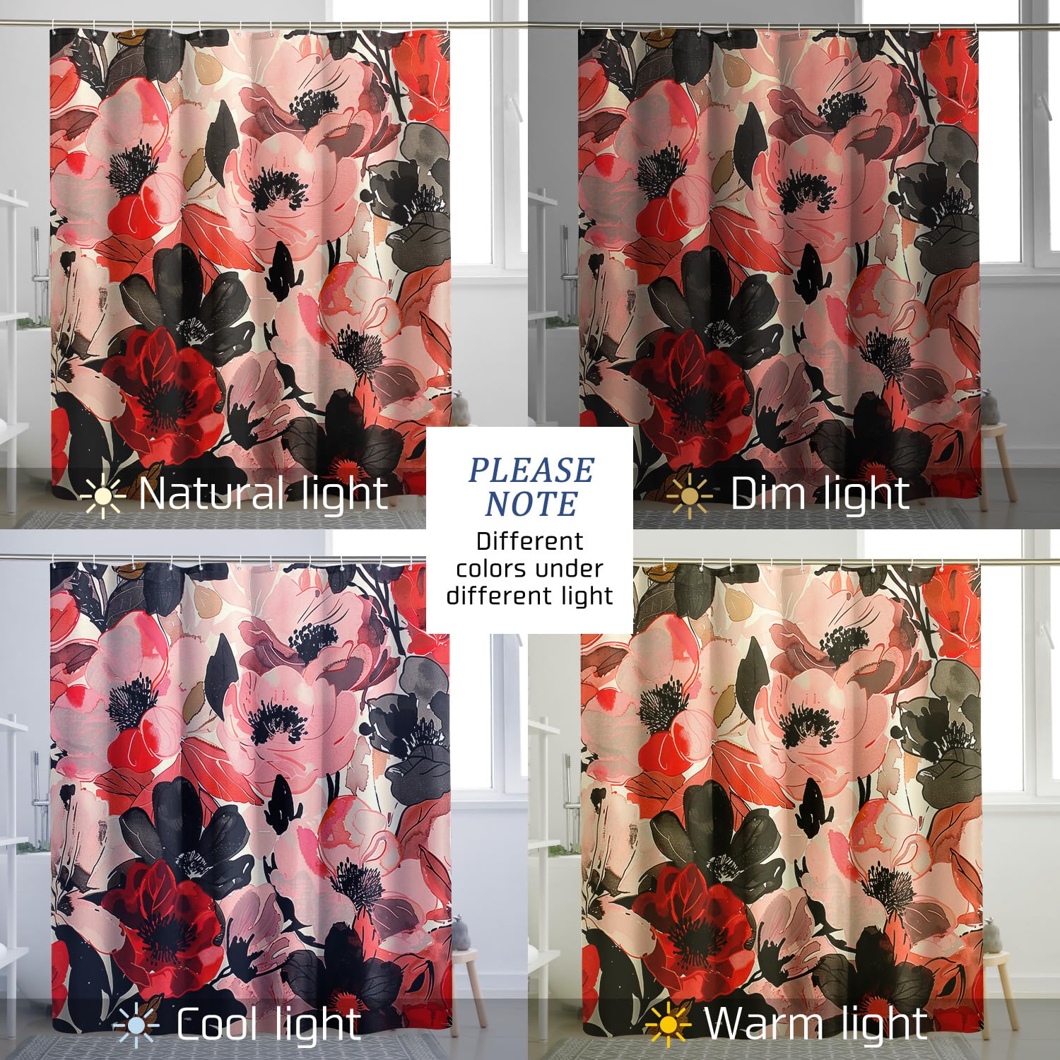 Tenda da doccia floreale floreale Tenda da doccia rossa con ganci Set tende da bagno peonia acquerello rosso e viola impermeabile 180x220cm/71x87in(WxH