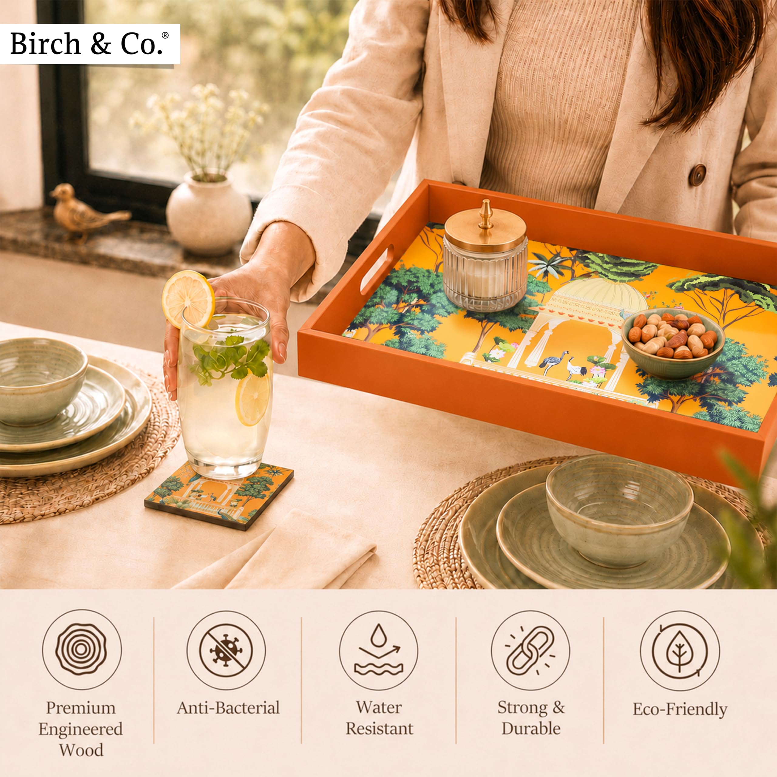 Birch & Co. Bandeja de madera para servir sin 4 posavasos, 10 x 15 pulgadas, bandeja para servir, juego de bandejas para decoración, bandejas de té, bandeja de café grande, bandejas de madera MDF de