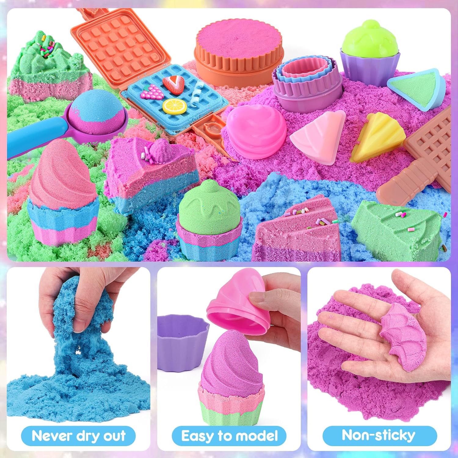 Golray Ice Cream Sensory Bin for Girls, Play Sand Art Kit with Sandbox, 2lb Magic Sand, Cake & Waffle Molds, Pretend Play Desserts Toys, Sensory Toy Set Gifts for Girl Toddlers Ages 3 4 5 6 7 8 - Image 3