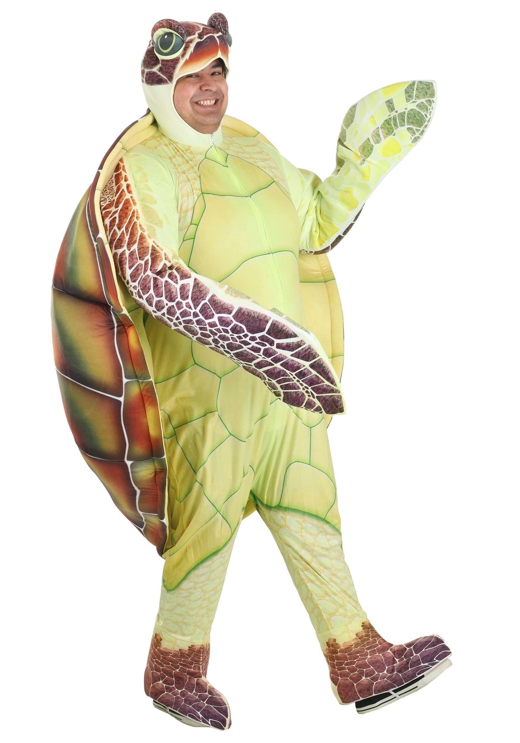 Adult Plus Size Sea Turtle Halloween Costume | Ocean Animal Jumpsuit for Men & Women with Shell, Attached Mitts & Shoe Covers