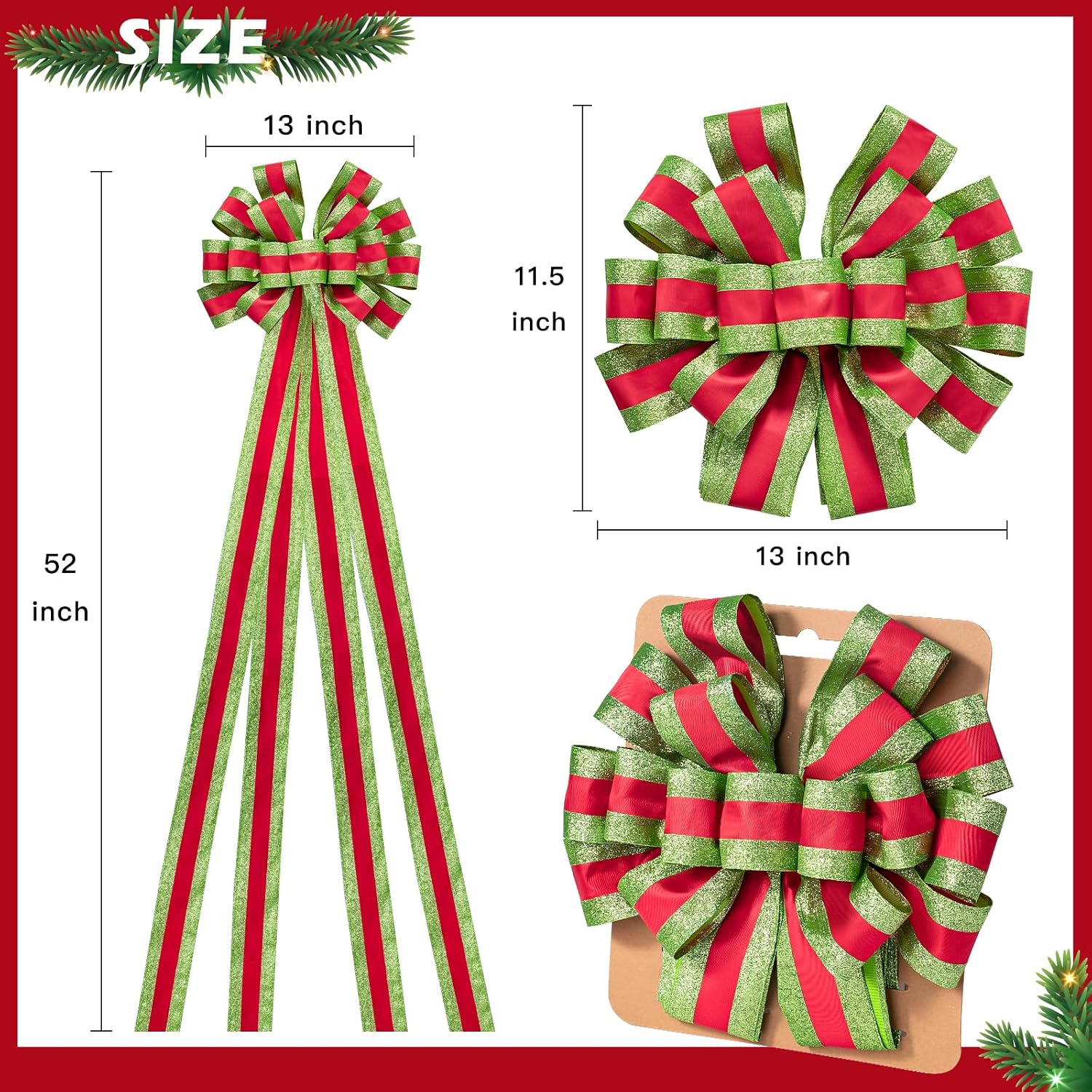 WRAPAHOLIC Large Christmas Tree Topper Bow - 13 x 52 Inch Red and Green Glitter Christmas Tree Topper Ribbon Bow Wreath Bows with Wired Edge for Xmas Ornament Indoor Outdoor Decoration