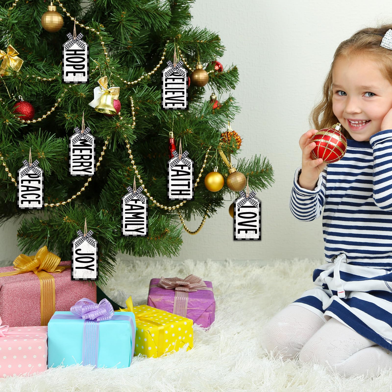 Whaline 80 Stück Weihnachts-Etiketten aus Holz mit Hanfseil, karierte Schleifen, Weihnachtswünsche, Geschenkanhänger, weiß, schwarz, Weihnachts-Hängeetiketten für Winter, Urlaub, Party,