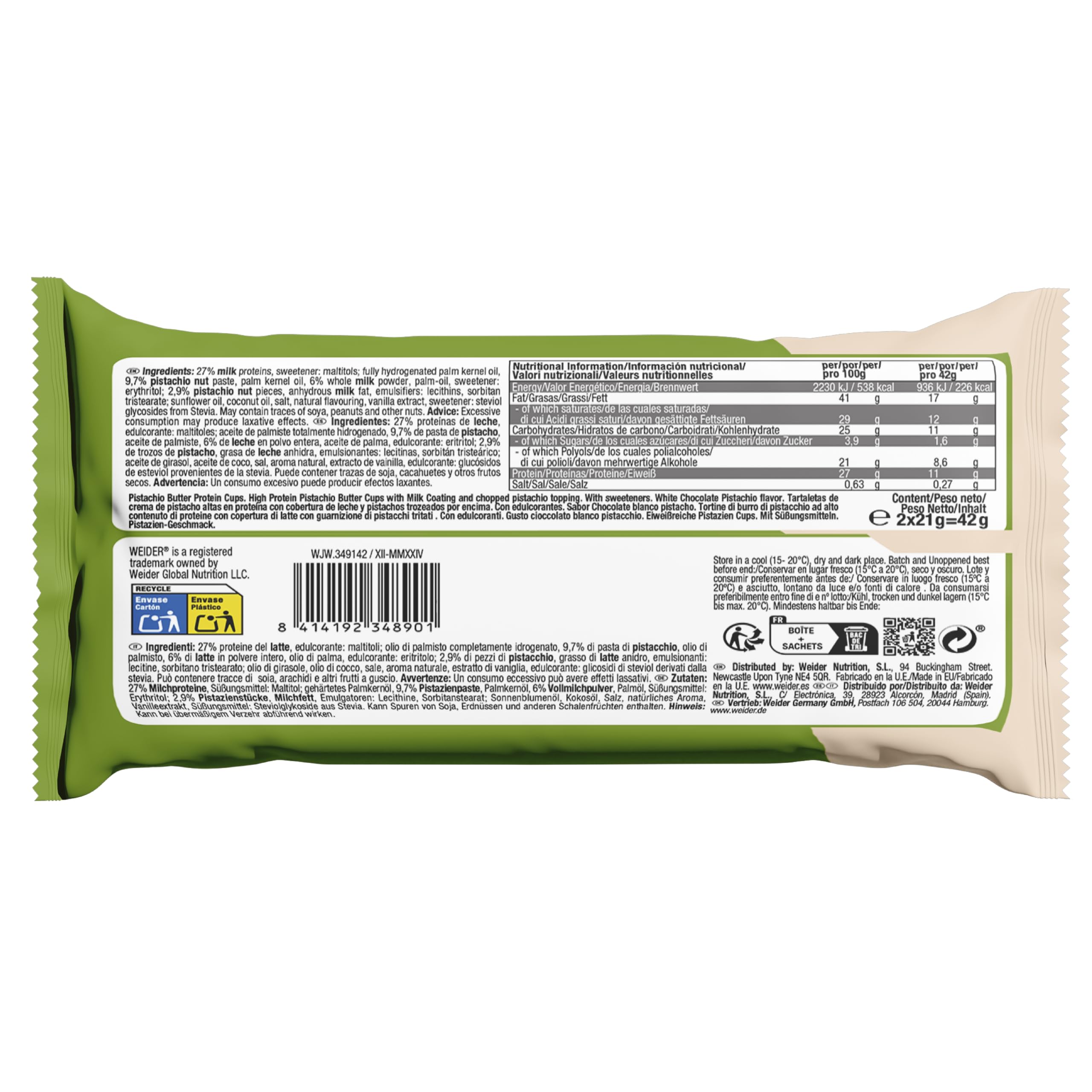 Weider Protein Cups Pistachio Butter (20x42g) Tartaletas con Alto Contenido de Proteínas y Bajo en Azúcar, con cobertura de Chocolate, Sin gluten (20 sobres de 2 tartaletas)