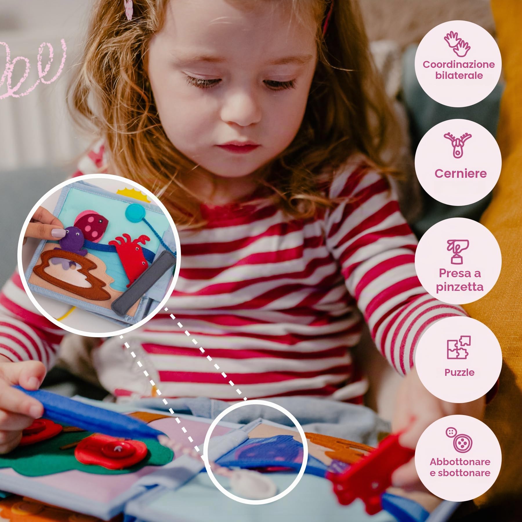 Jolly Designs® Premium Quiet Book Sunshine per bambini | Giocattoli Montessori a partire da 1 anno | Libro delle abilità motorie con varie attività