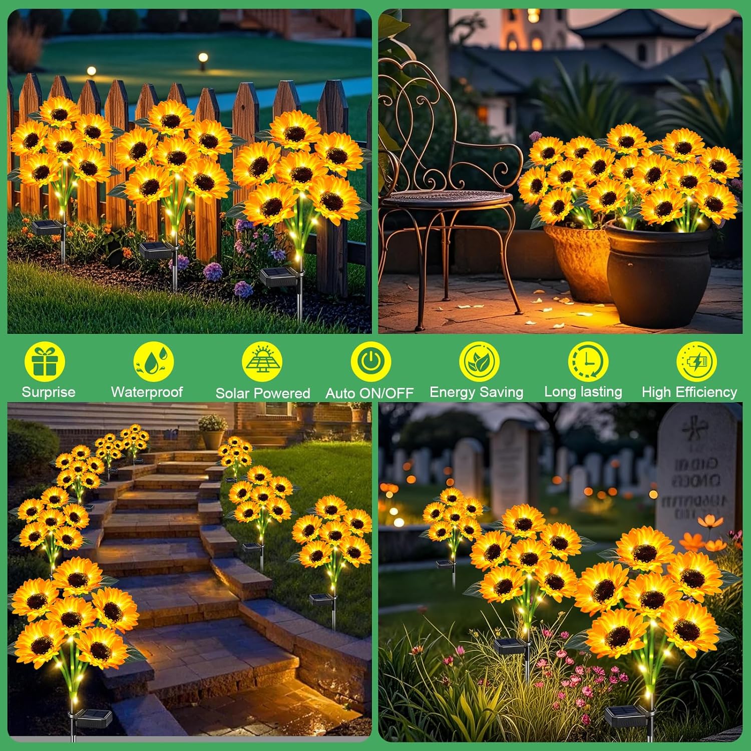Solar Sunflower Lights Outdoor Waterproof 4 Pack Solar Flowers Lights for Garden Decor Patio Yard,Birthday Gifts for Mom Grandma