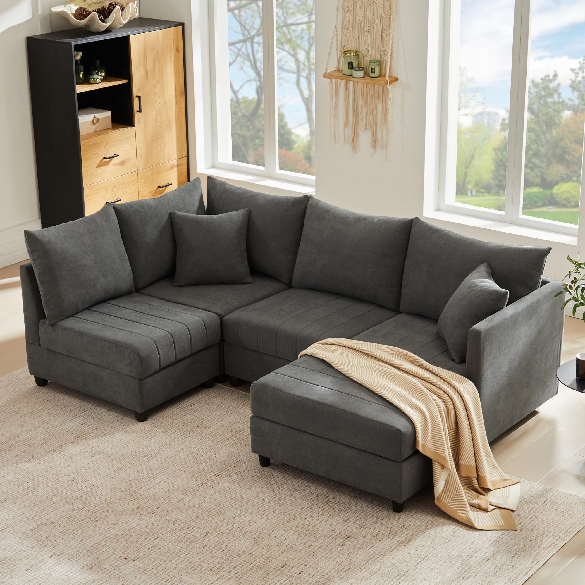 SACOOL Sofá esquinero moderno, sofá modular, sofá de 5 plazas con reposapiés convertible, en forma de L, en forma de U, adecuado para sala de estar, apartamento, etc.