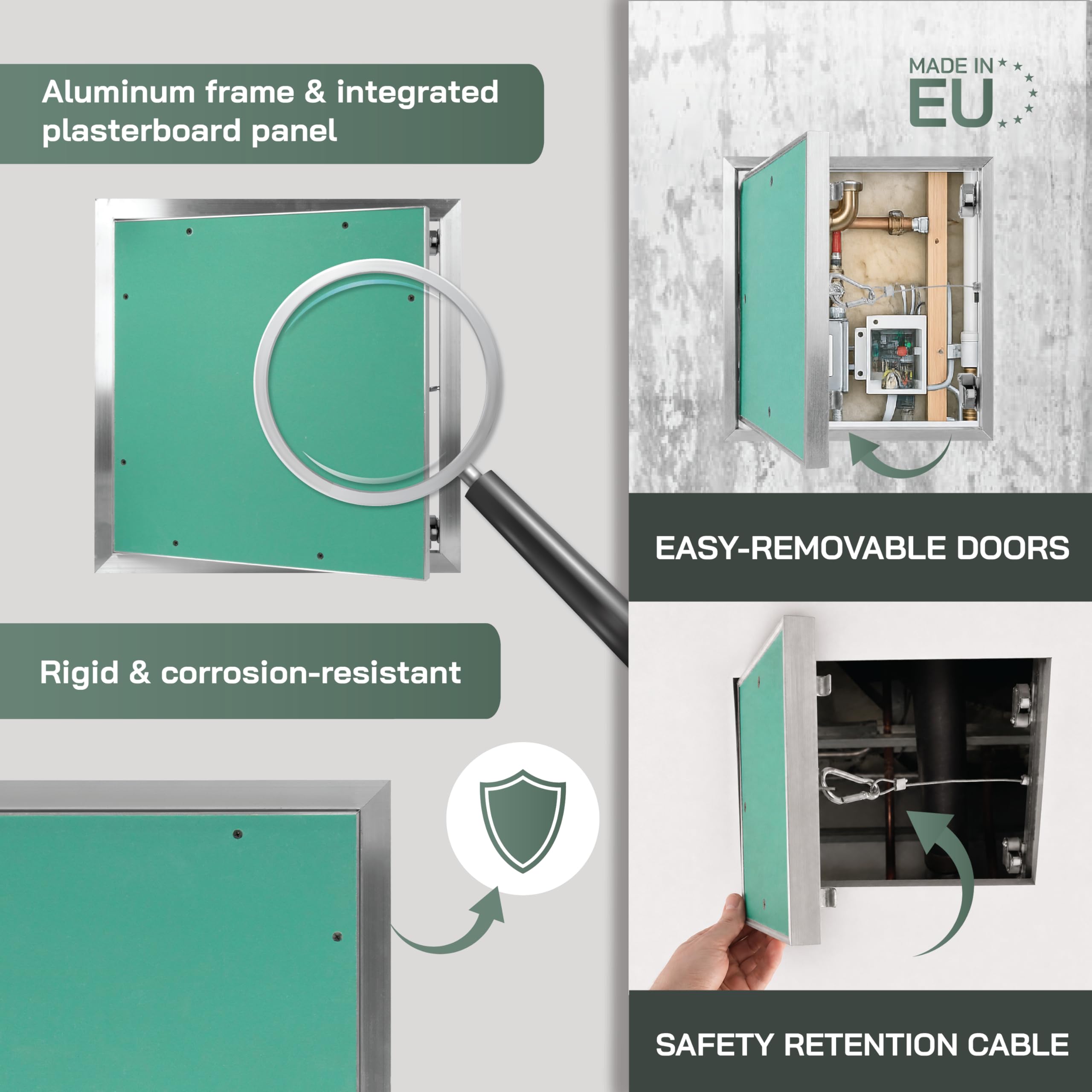 Vent Systems 40 x 40 cm Revisionsklappe Trockenbau – Revisionstür mit Click-to-Open Funktion und mit Sicherheitsseil – Revisionsklappe mit Aluminiumrahmen, Gipskartonplatte für Sanitär, Elektro, HVAC