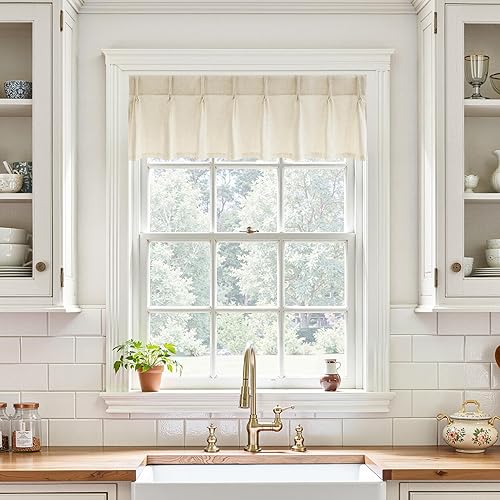 Miniatura 8 de DriftAway Cenefa plisada para ventana de cocina, cenefa de lino sintético con textura de color beige sólido para sala de estar, cenefa de lino