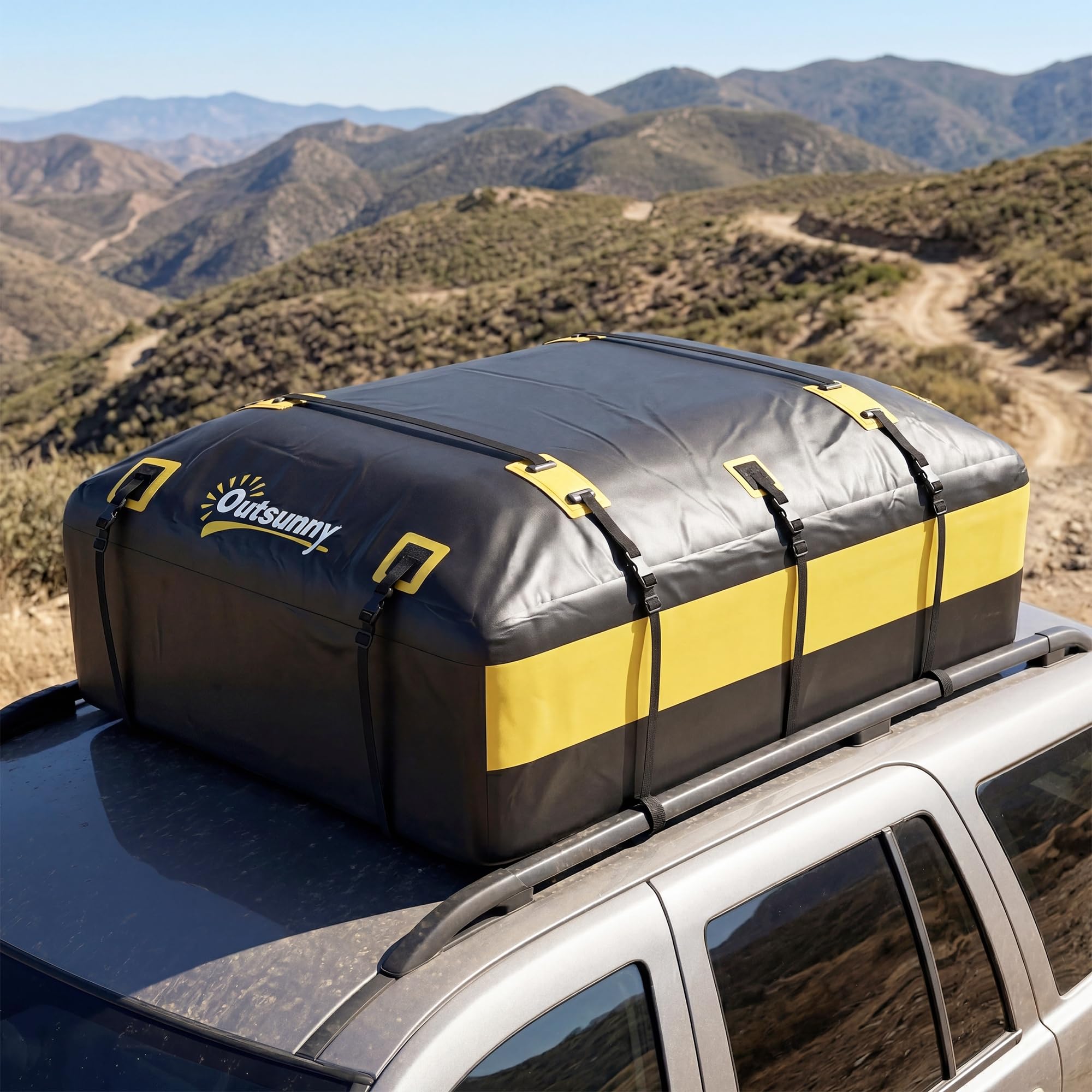 Outsunny Portabagagli da Tetto 595 Litri Impermeabile, Borsa da Tetto Auto con 6 Cinghie Rinforzate, Tappetino Antiscivolo e Ganci per Portiere, Adatto a Tutti i Veicoli con o senza Barre, Giallo