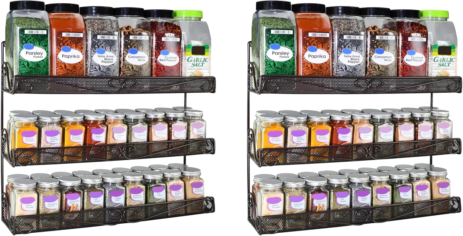 AMT 2 Pack - 3 Tier Spice Rack, Metal Wall Mount Organizer, Pantry Cabinet Door Shelf Storage, Kitchen seasoning Hanging Display for Spice Jars