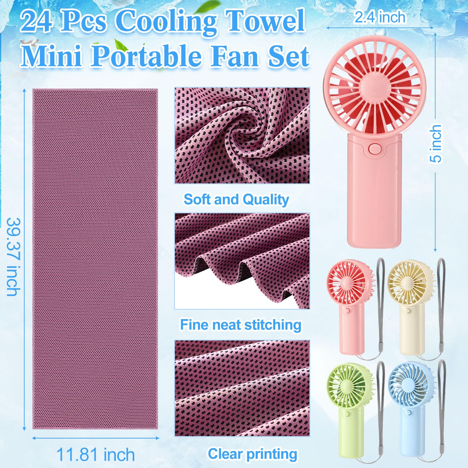 Retisee 24 Pcs Cooling Towel Mini Portable Fan Set 32 x 12 Inch Ice Towel Chilly Handheld Battery Powered Fan Cooling Sport Gifts for Travel Makeup Yoga Camping Running Summer(Classic,Multicolor)