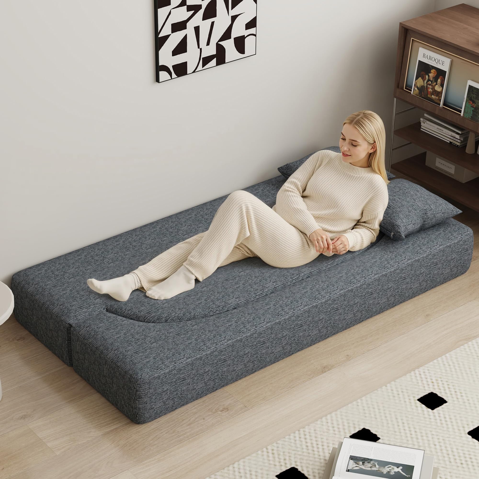HENGJIANYI Folding Sofa Bed, Convertible Futon Sleeper Bed, 2-in-1 Foldable Floor Mattress with 2 Pillows, Breathable High-Density Foam Lazy Couch, Twin Size Comfy Lounge Chair, Dark Gray