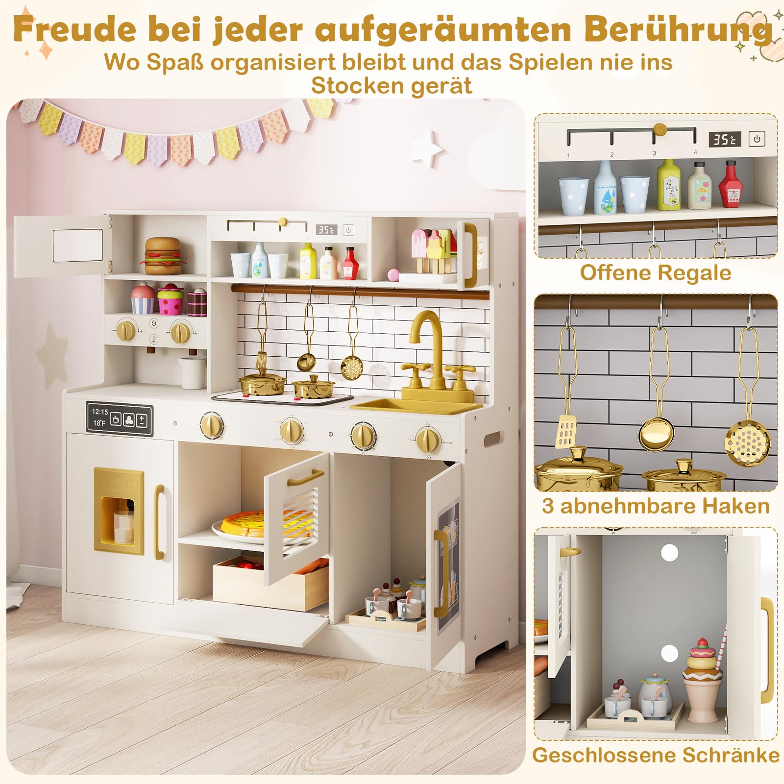 COSTWAY Kinderküche, Spielküche mit Licht und Sound, Holzküche inkl. Zubehör mit Spüle, Eisspender, Mikrowelle, Wasserspender & Ofen, Spielzeugküche für Kinder ab 2 Jahren