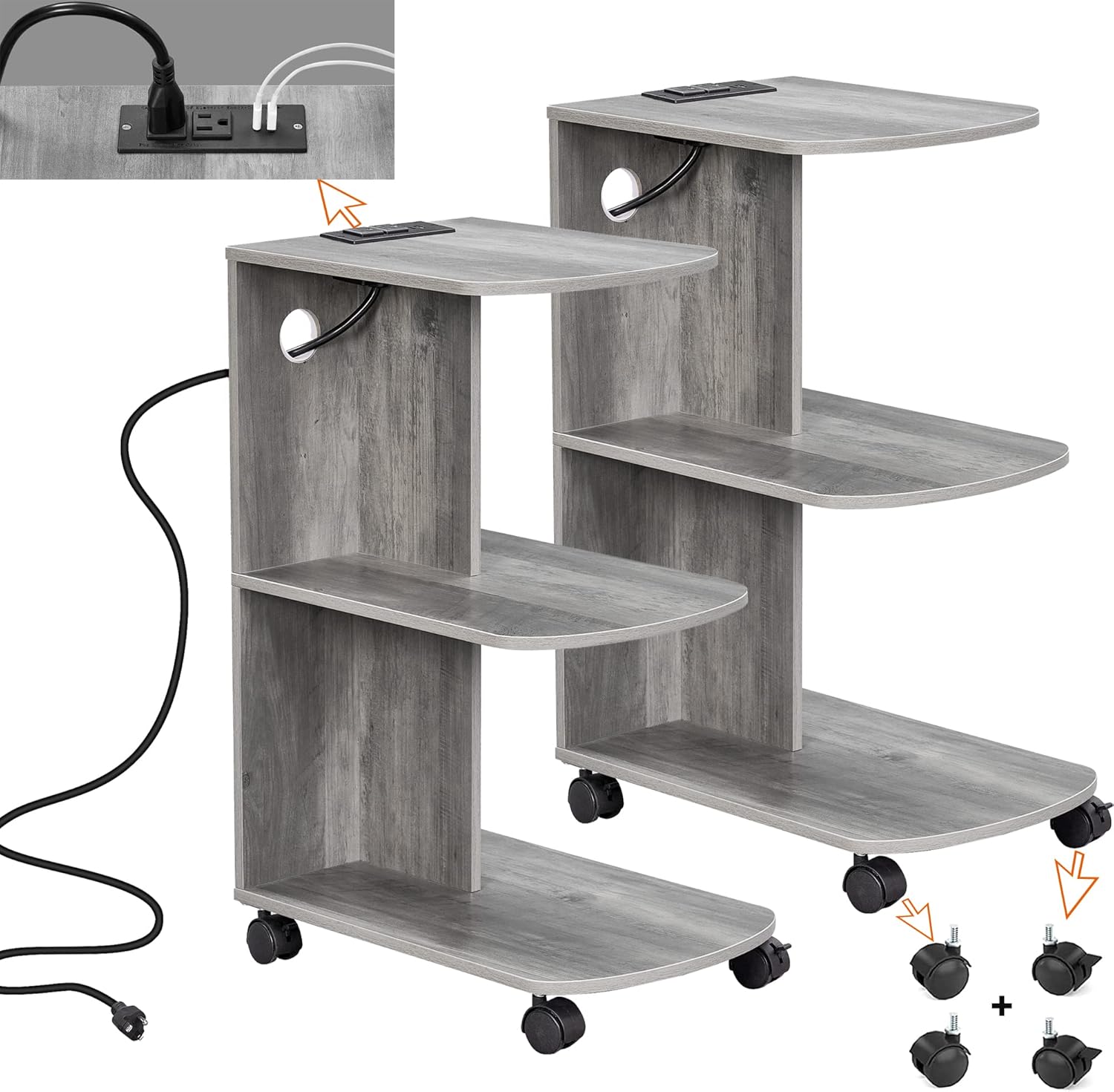 ANWBROAD Nightstand Set of 2 Night Stand Beside Tables Small Rolling Slim End Table with Charging Station Side Tables for Small Spaces Nightstands with USB Ports and Outlets for Bedroom Living Room